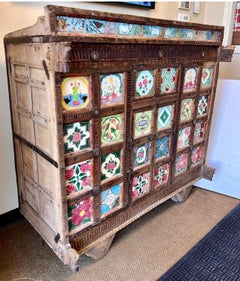 Antique Asian Indian Hand Painted Tile Front Dowry Cabinet Chest Case Piece