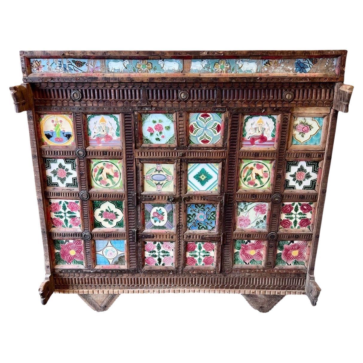 Antique Asian Indian Hand Painted Tile Front Dowry Cabinet Chest Case Piece For Sale