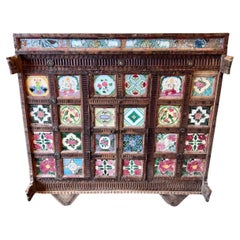 Antique Asian Indian Hand Painted Tile Front Dowry Cabinet Chest Case Piece