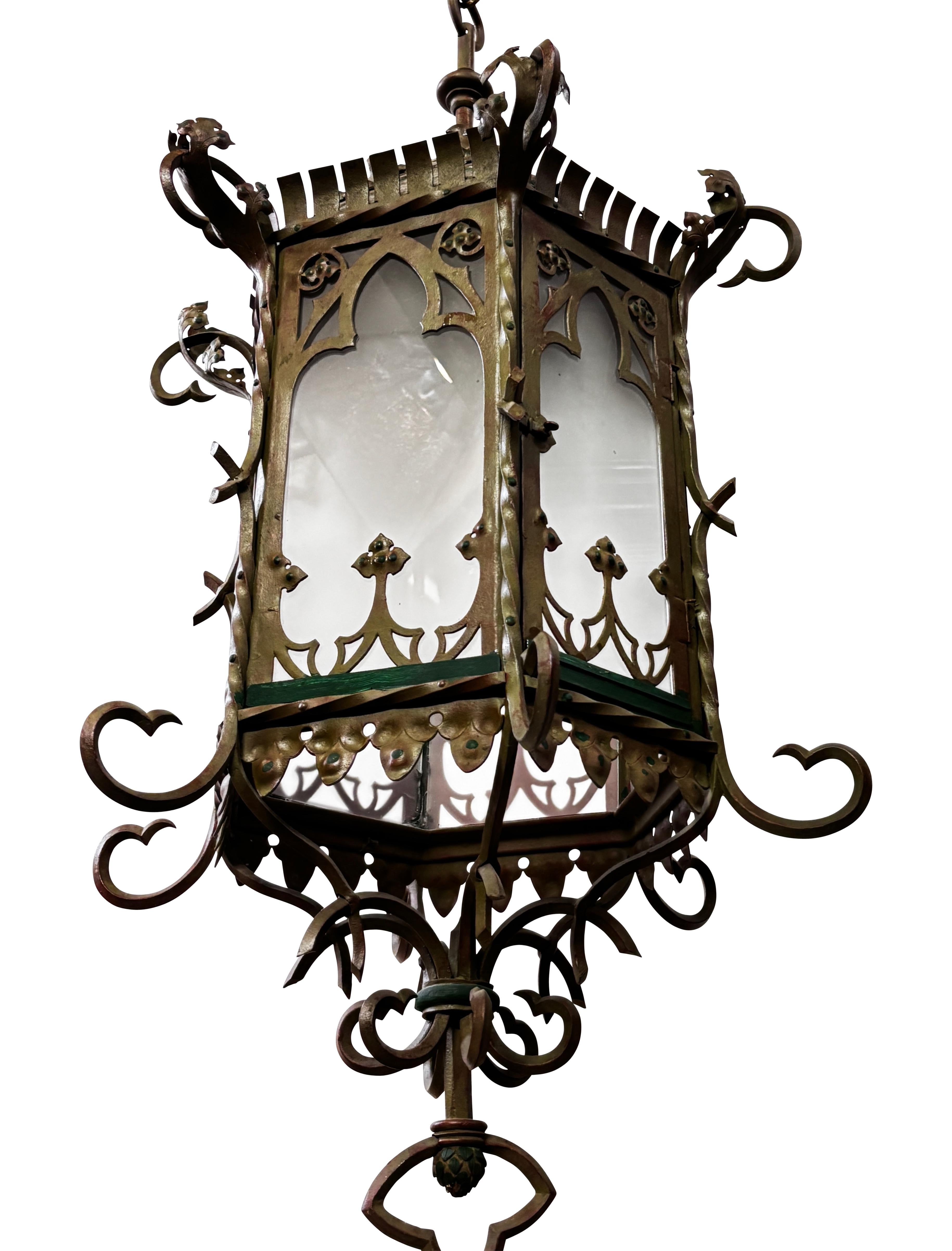 Large Antique Asian Inspired Iron and Steel Lantern, Early 20th Century For Sale 7