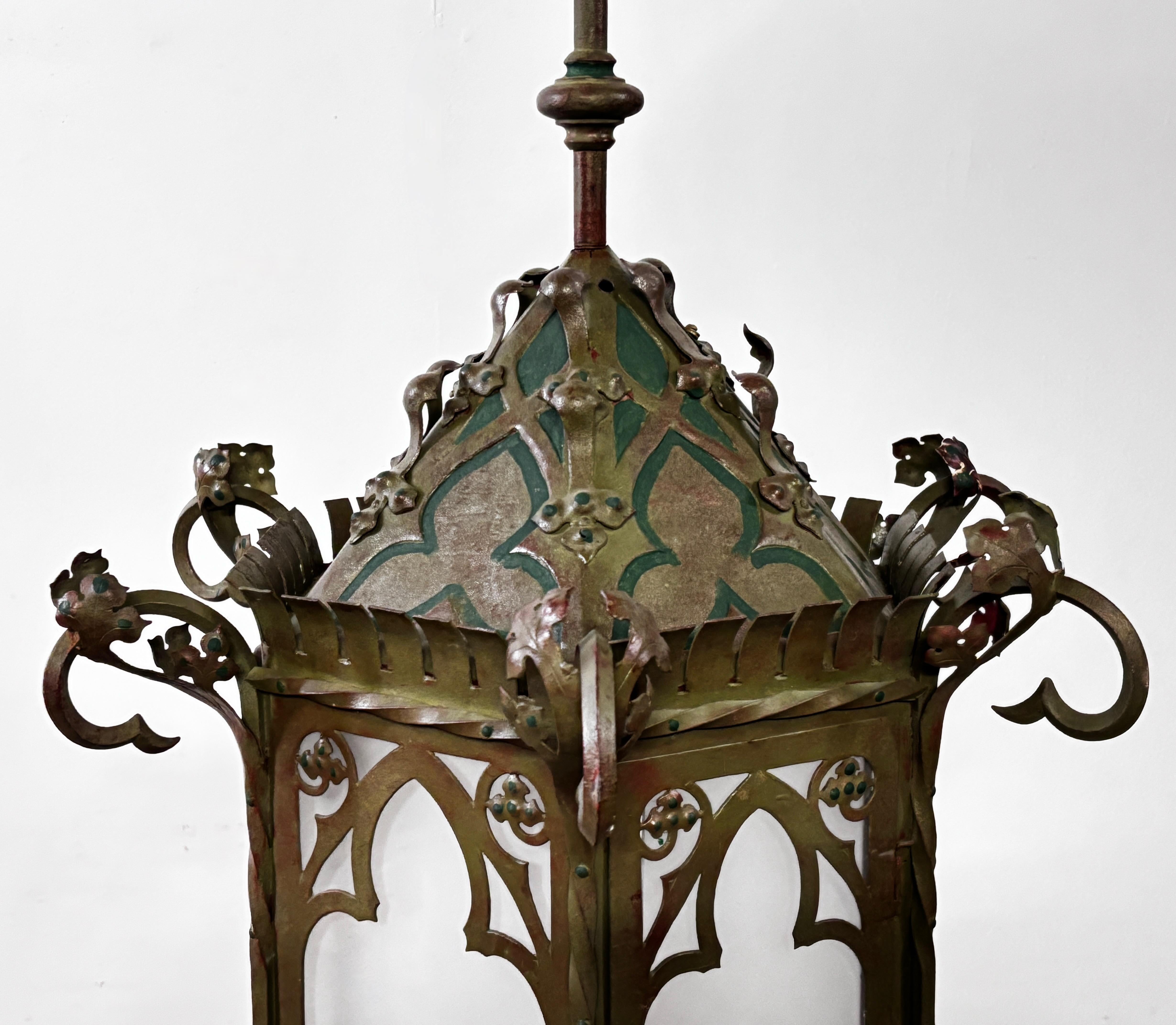 Large Antique Asian Inspired Iron and Steel Lantern, Early 20th Century In Good Condition For Sale In San Francisco, CA