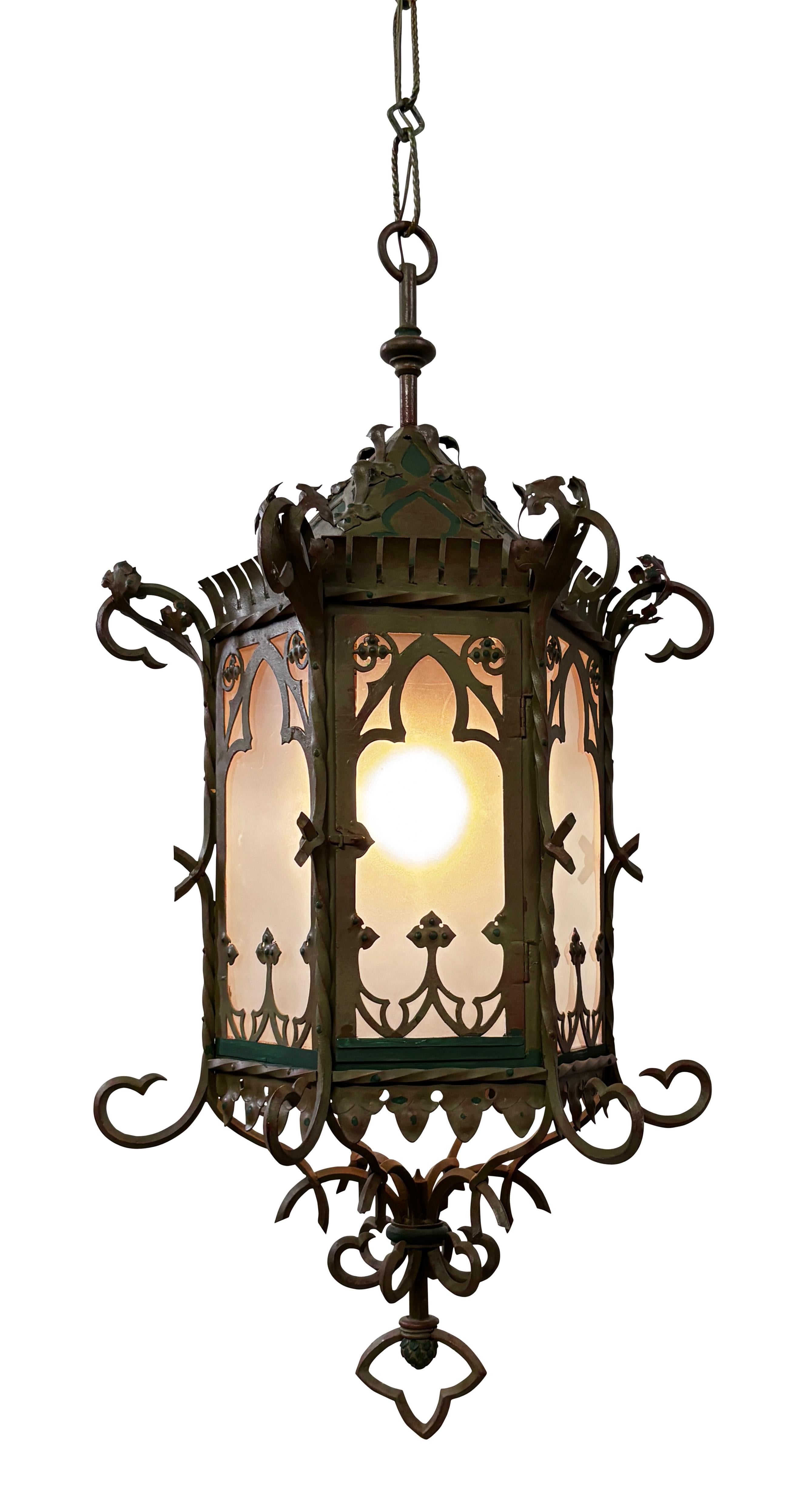 Large Antique Asian Inspired Iron and Steel Lantern, Early 20th Century For Sale 1