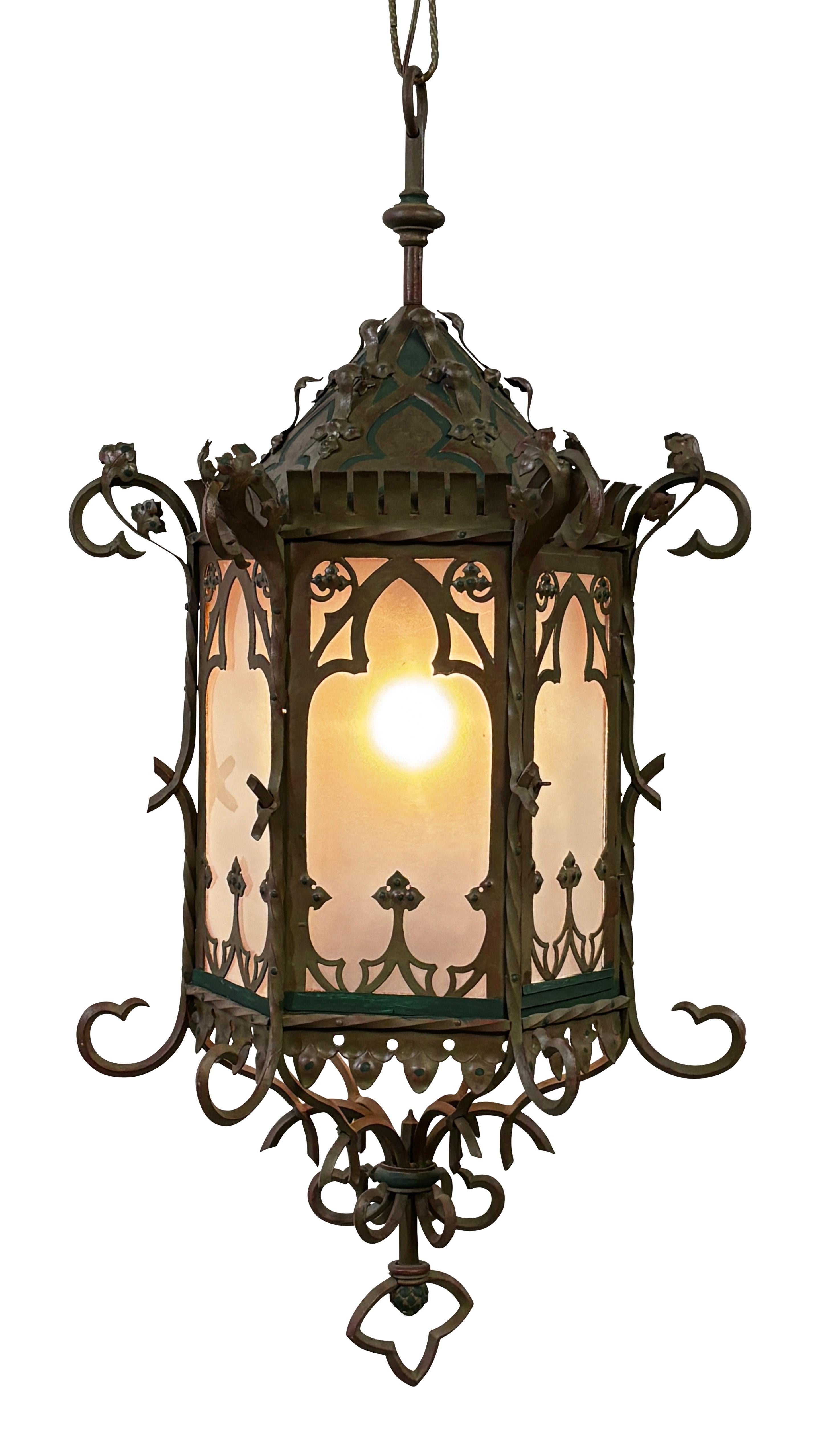 Large Antique Asian Inspired Iron and Steel Lantern, Early 20th Century For Sale 2