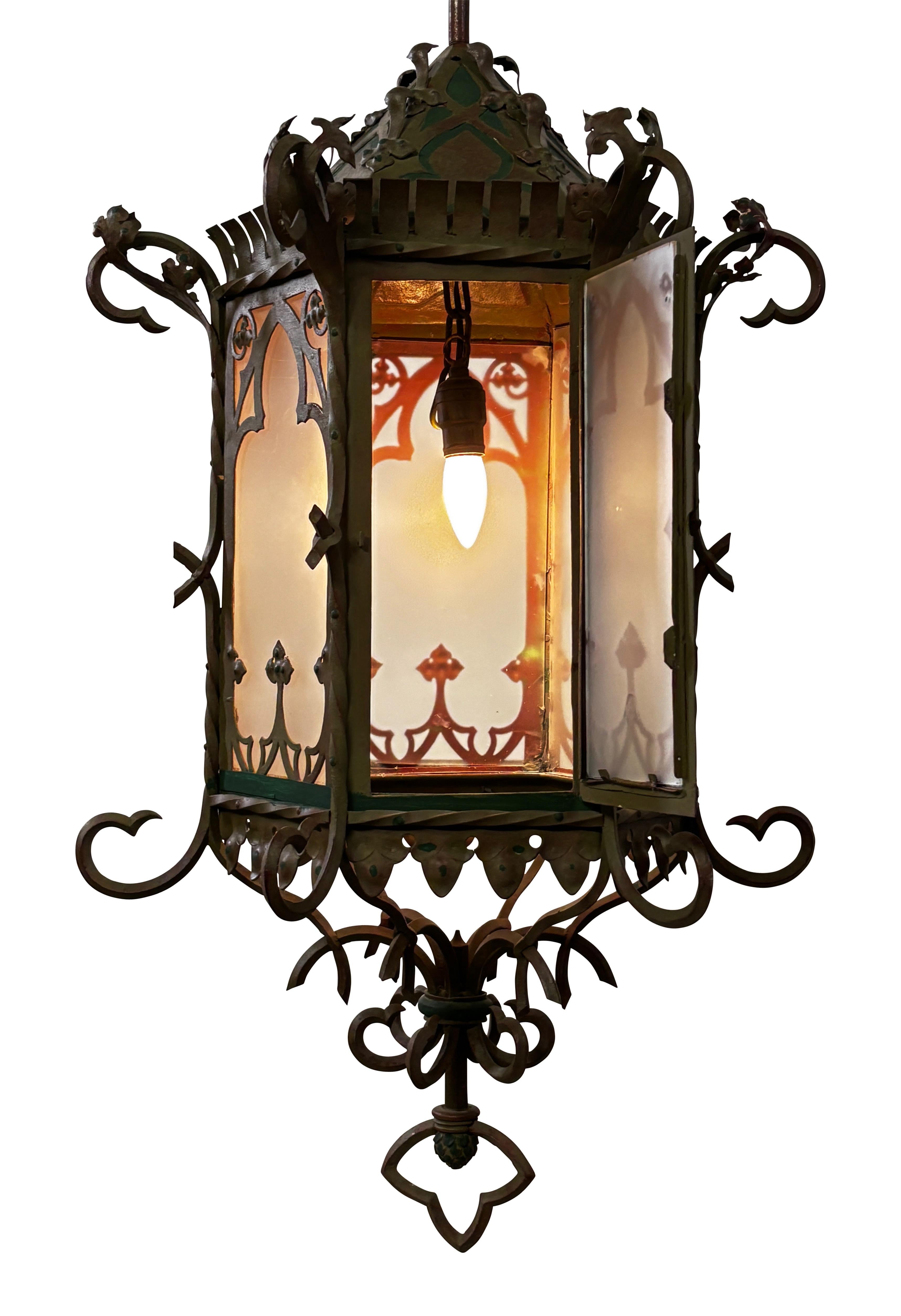 Large Antique Asian Inspired Iron and Steel Lantern, Early 20th Century For Sale 3