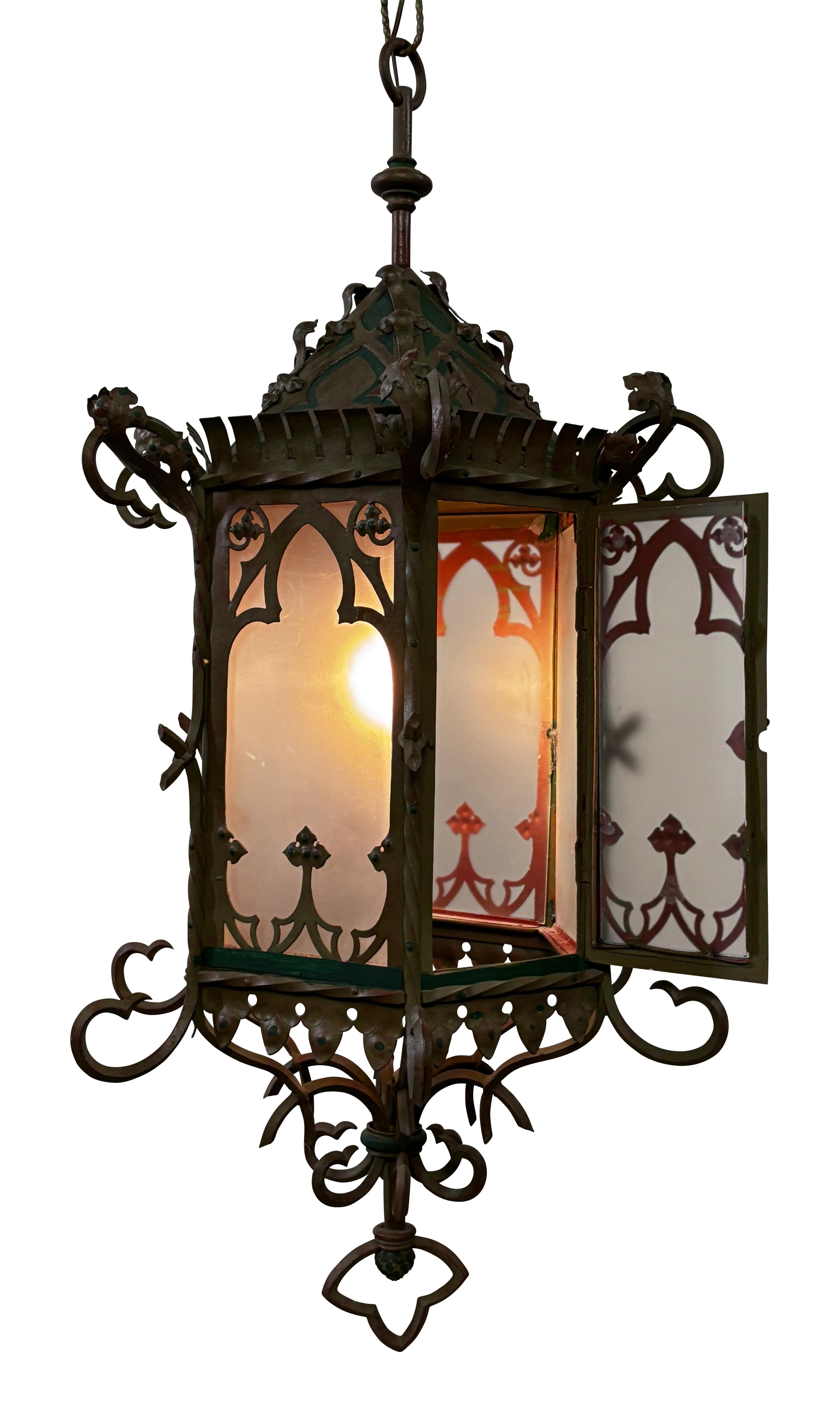 Large Antique Asian Inspired Iron and Steel Lantern, Early 20th Century For Sale 4