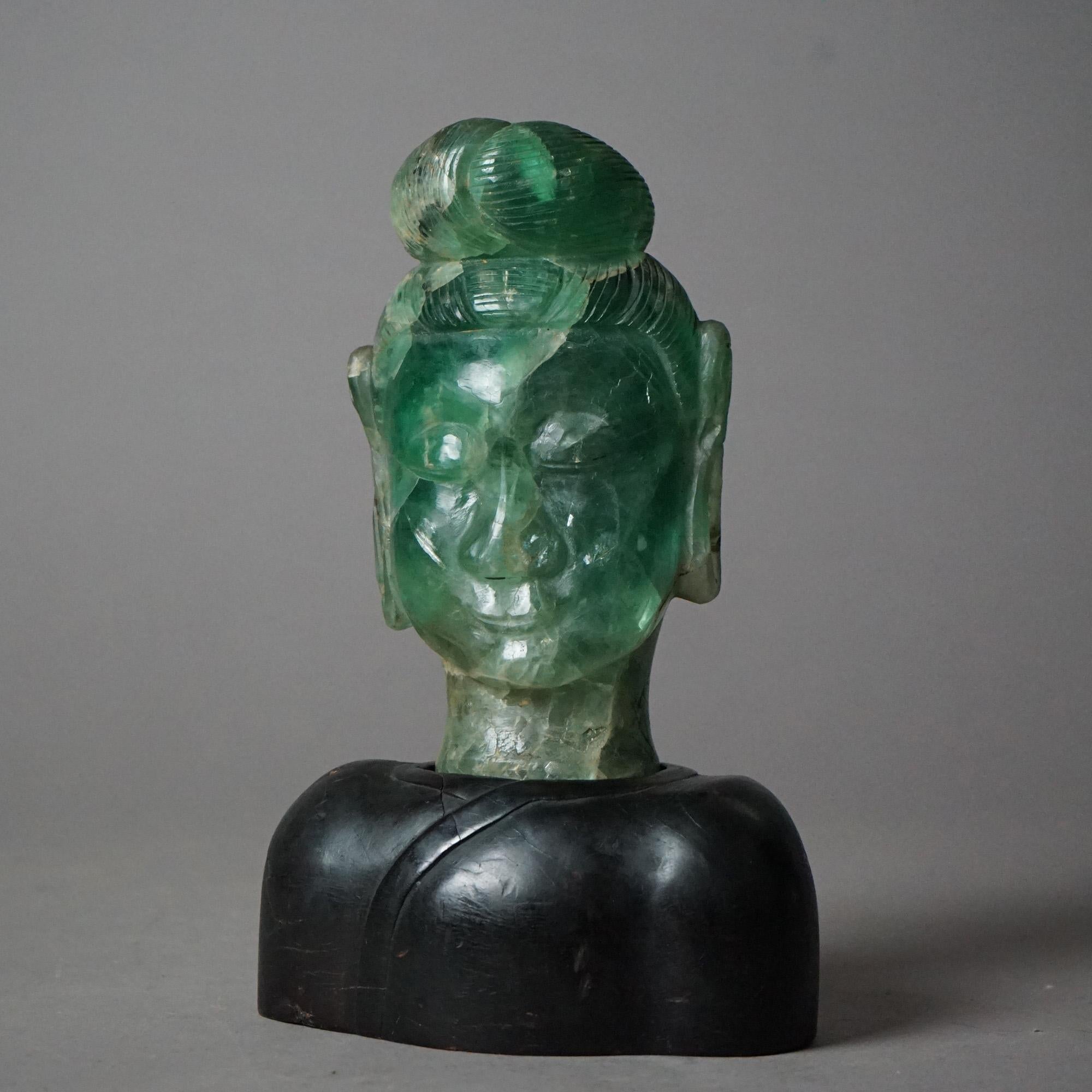 Carved Antique Asian Jade Quartz Buddha Head Sculpture With Hardwood Base c1920