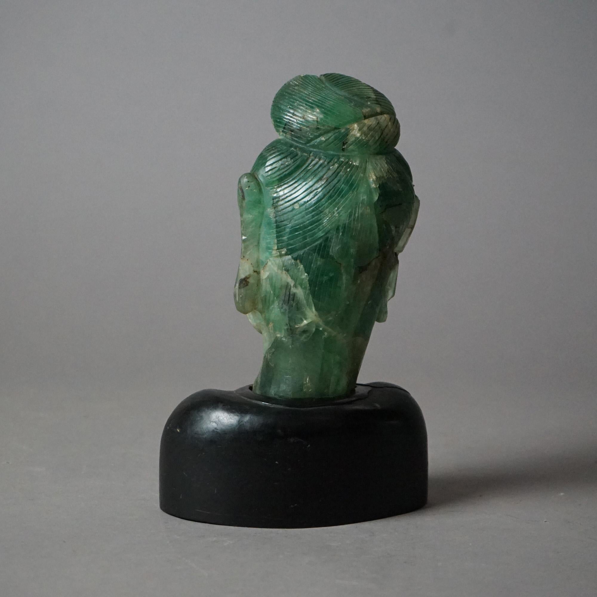 Antique Asian Jade Quartz Buddha Head Sculpture With Hardwood Base c1920 3