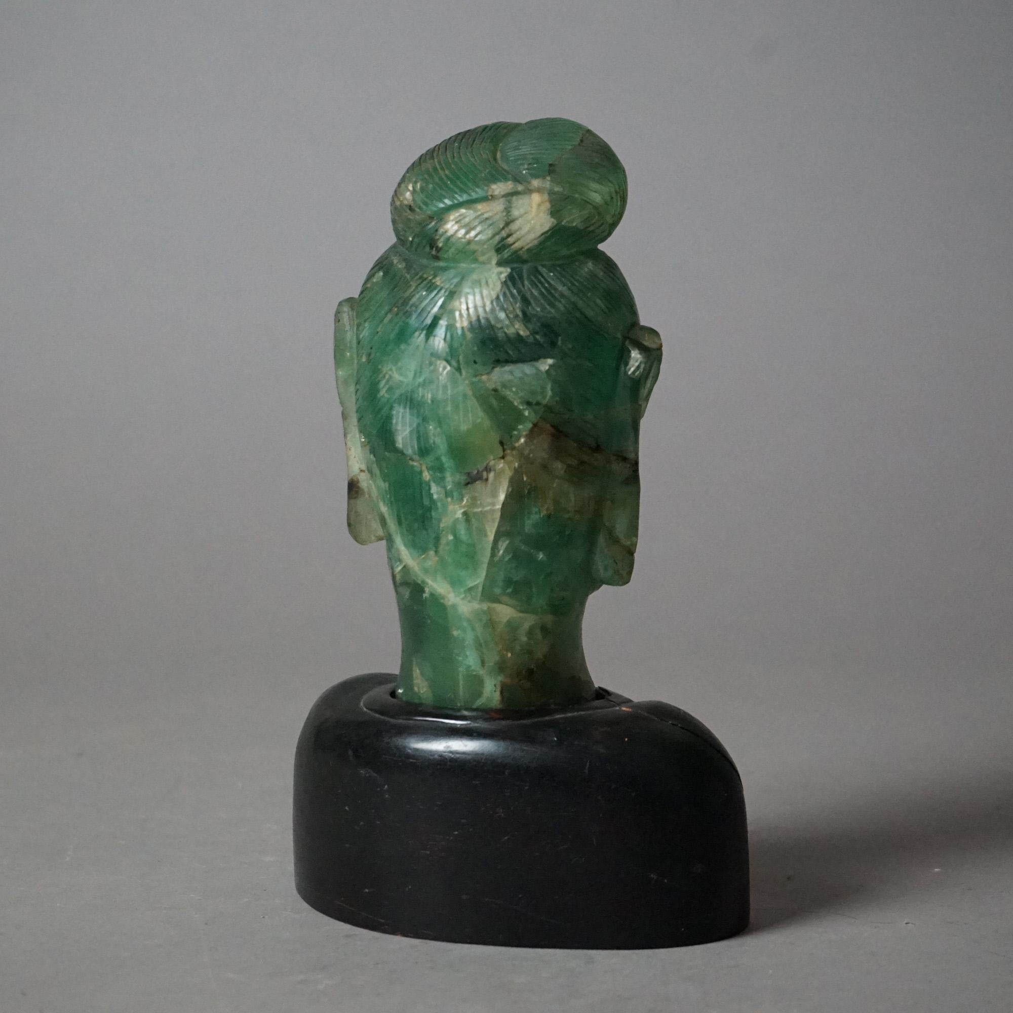 Antique Asian Jade Quartz Buddha Head Sculpture With Hardwood Base c1920 4