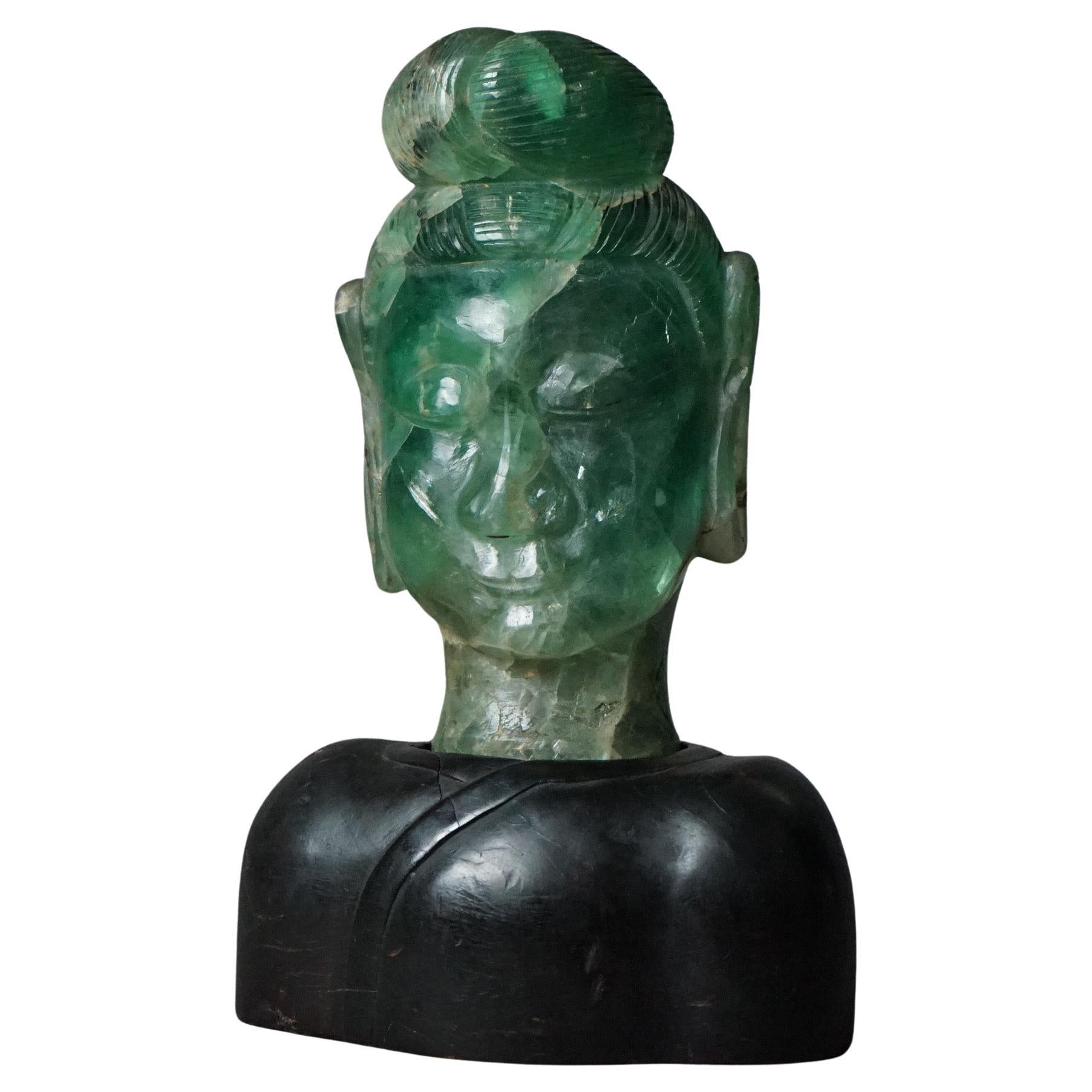Antique Asian Jade Quartz Buddha Head Sculpture With Hardwood Base c1920