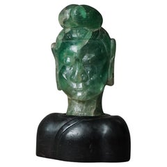 Antique Asian Jade Quartz Buddha Head Sculpture With Hardwood Base c1920