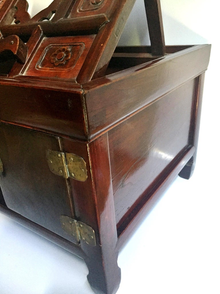 Antique Asian Jewelry Box, Makeup Box, Solid Elm Wood, Convertible at