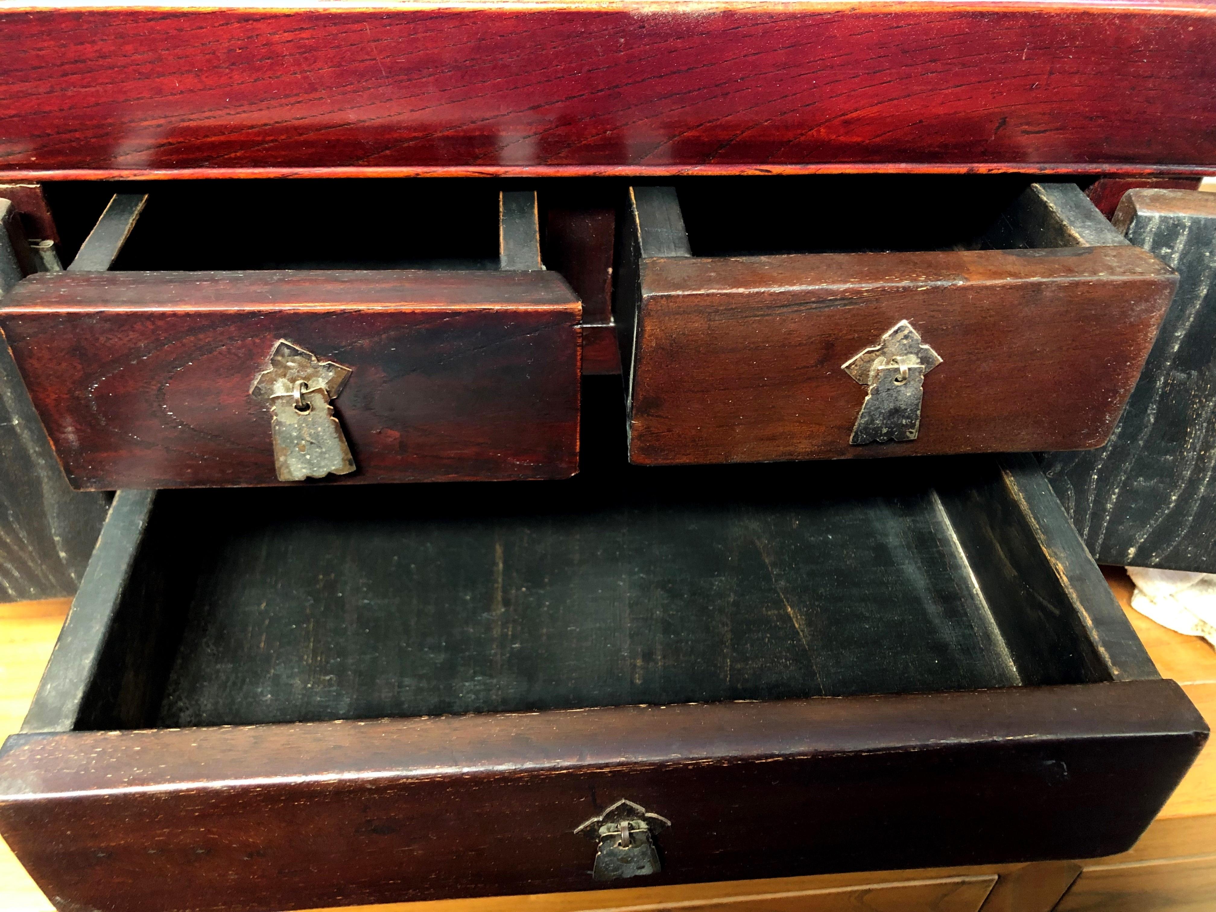 Antique Asian Jewelry Box, Makeup Box, Solid Elm Wood, Convertible 4