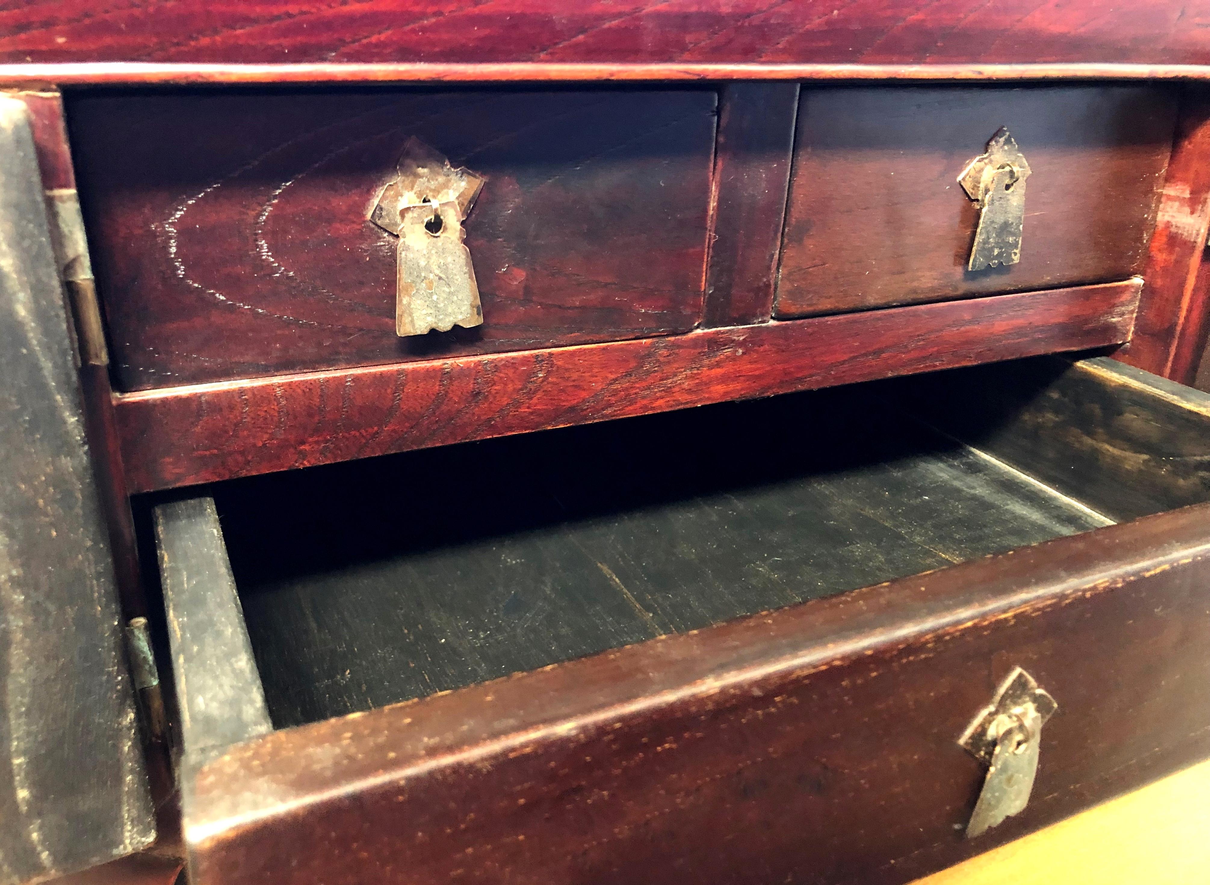 Antique Asian Jewelry Box, Makeup Box, Solid Elm Wood, Convertible 5