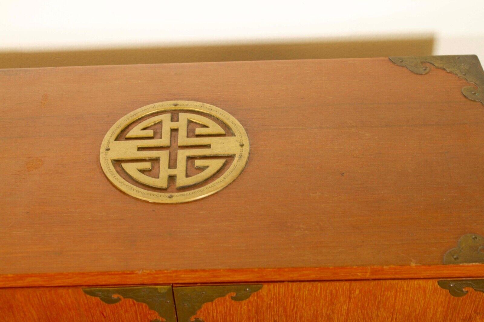 20th Century Antique Asian Jewelry or Curio Wood Box with Brass Ornate Details with Drawers