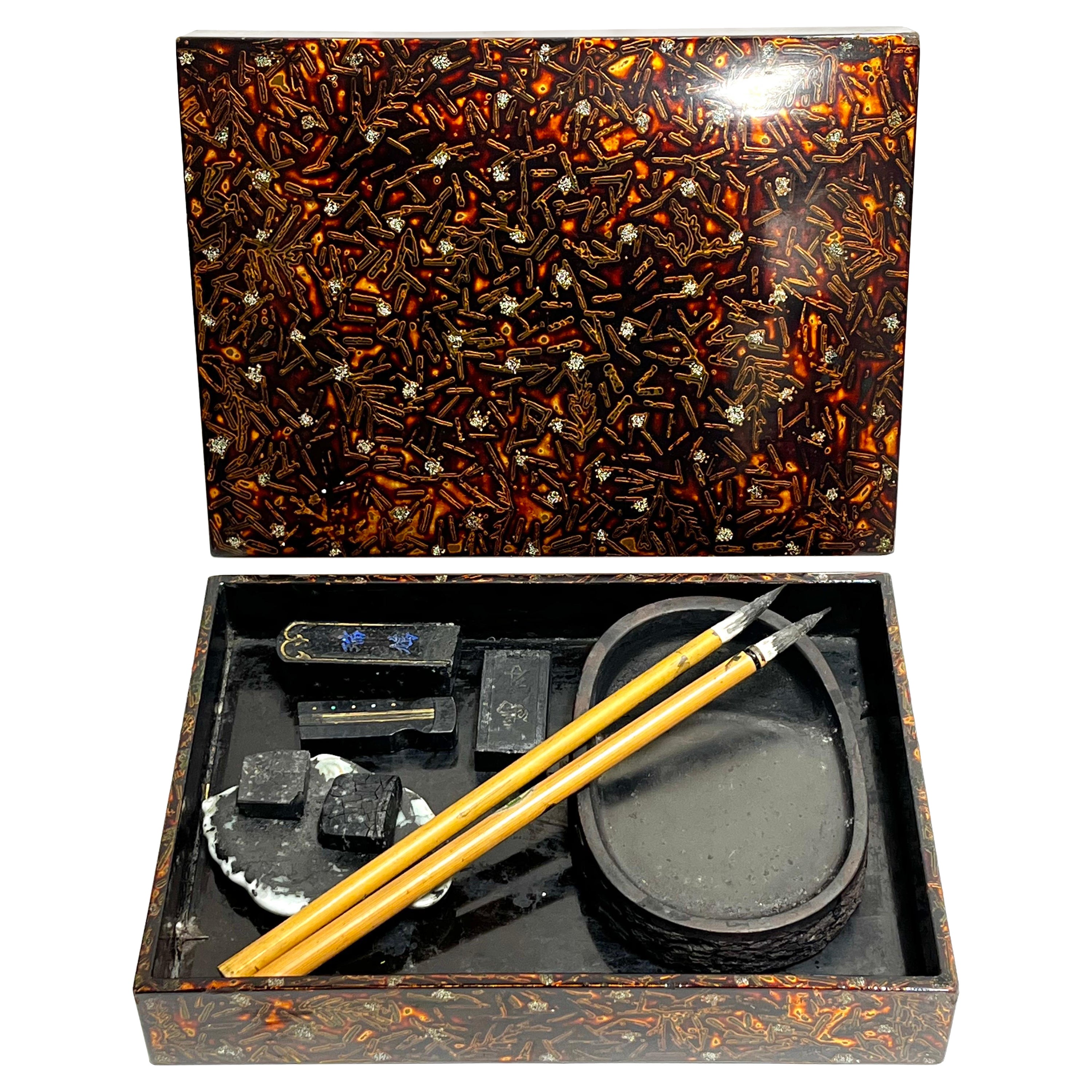 Antique Asian Lacquer Calligraphy Writing Box Signed with Carved Ink Stones