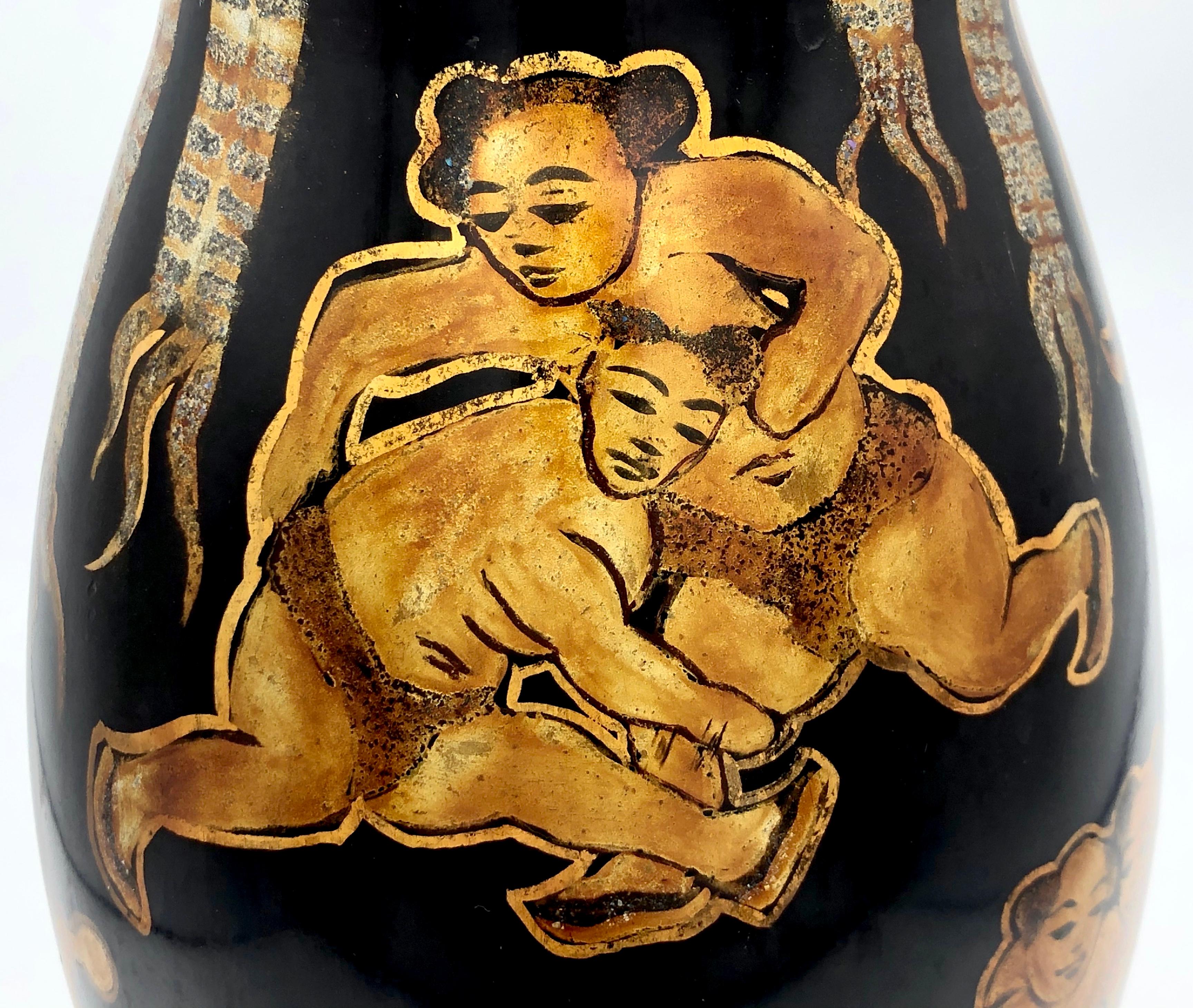 Hand-Painted Antique Vietnamese Lacquer Wrestlers Drummer Vase For Sale