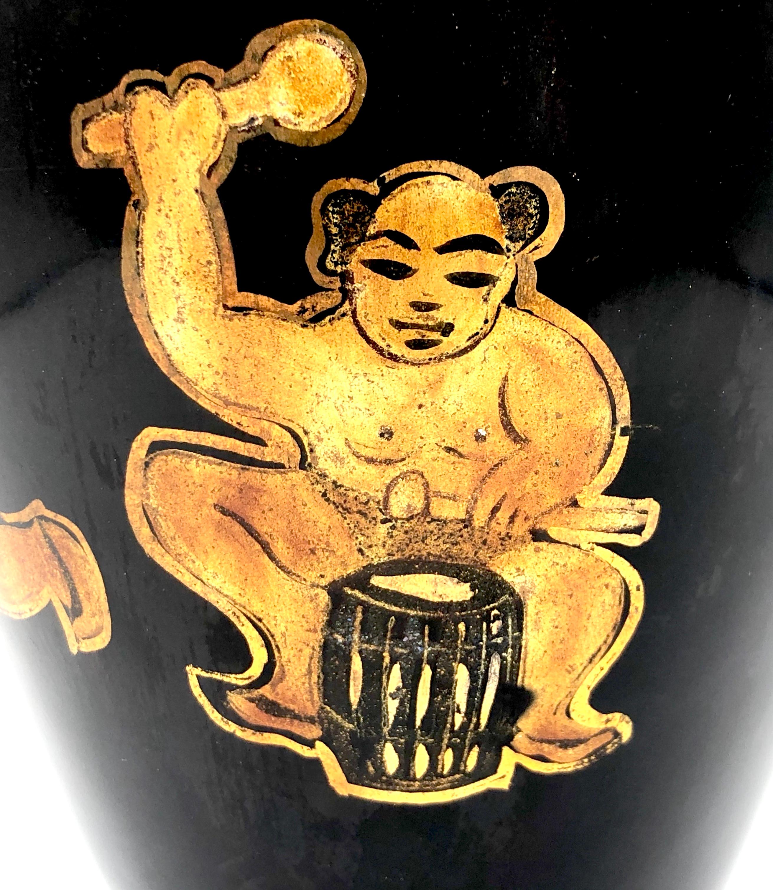 Antique Vietnamese Lacquer Wrestlers Drummer Vase For Sale 2