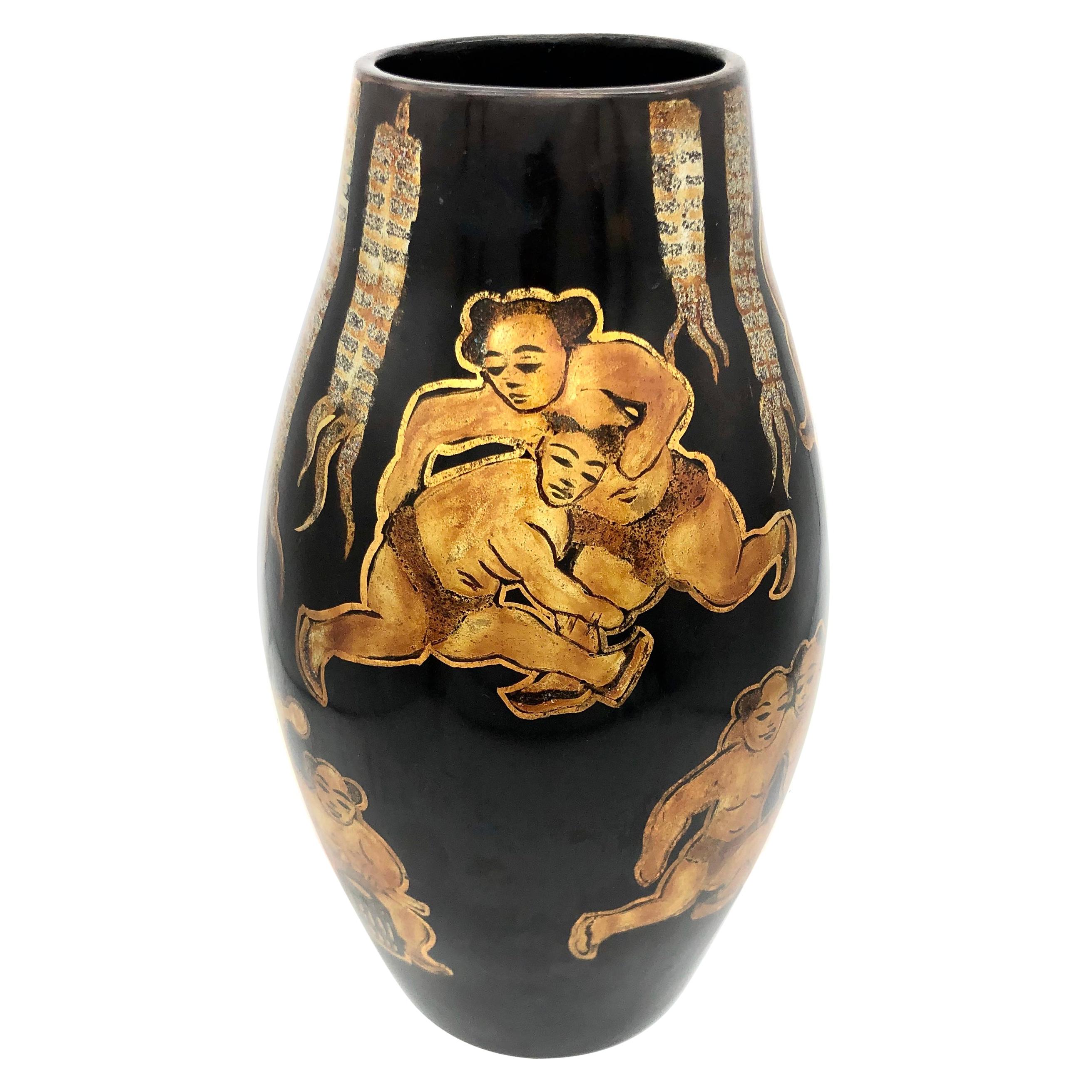 Antique Vietnamese Lacquer Wrestlers Drummer Vase