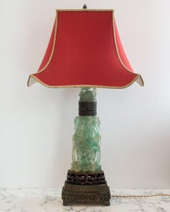 Antique Asian Large Carved Green Fluorite Lamp with Custom Red Pagoda Shade