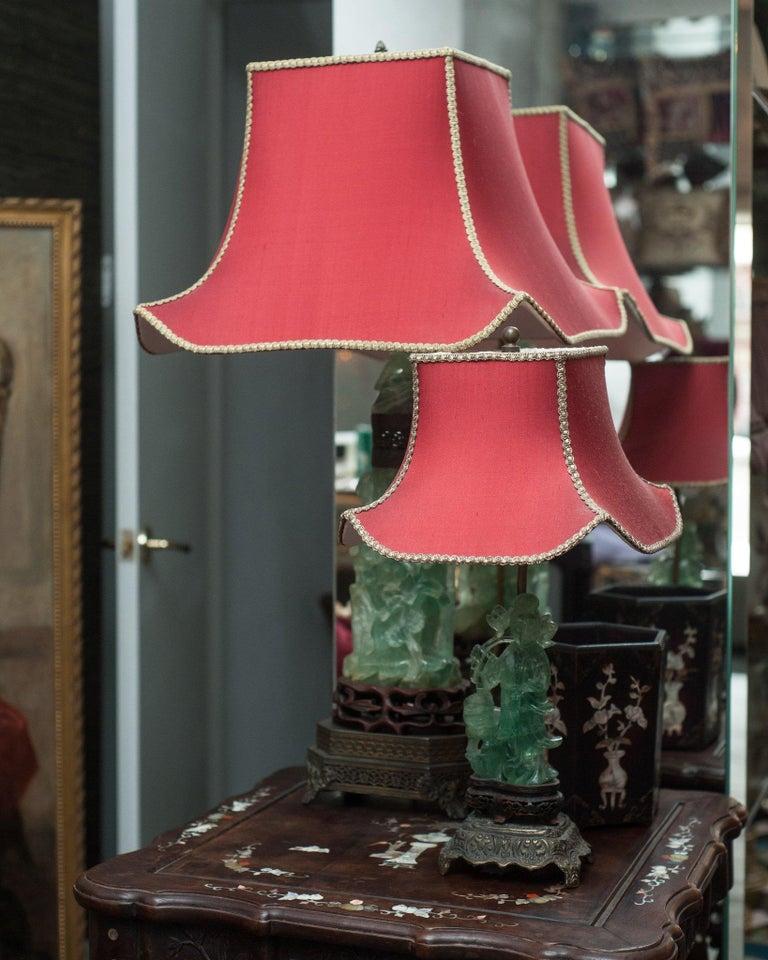 Antique Asian Large Carved Green Fluorite Lamp with Custom Red Pagoda Shade In Good Condition For Sale In Toronto, ON