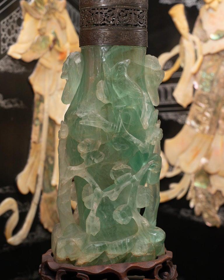 20th Century Antique Asian Large Carved Green Fluorite Lamp with Custom Red Pagoda Shade For Sale
