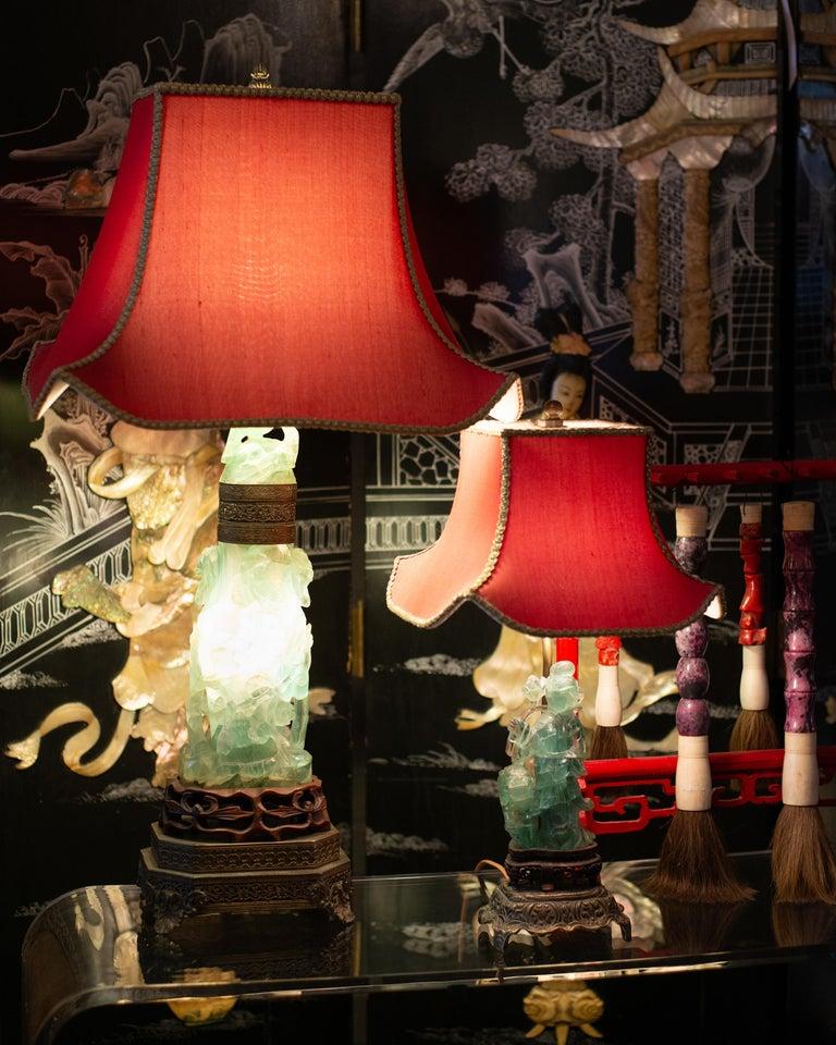 Bronze Antique Asian Large Carved Green Fluorite Lamp with Custom Red Pagoda Shade For Sale
