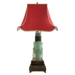 Vintage Asian Large Carved Green Fluorite Lamp with Custom Red Pagoda Shade