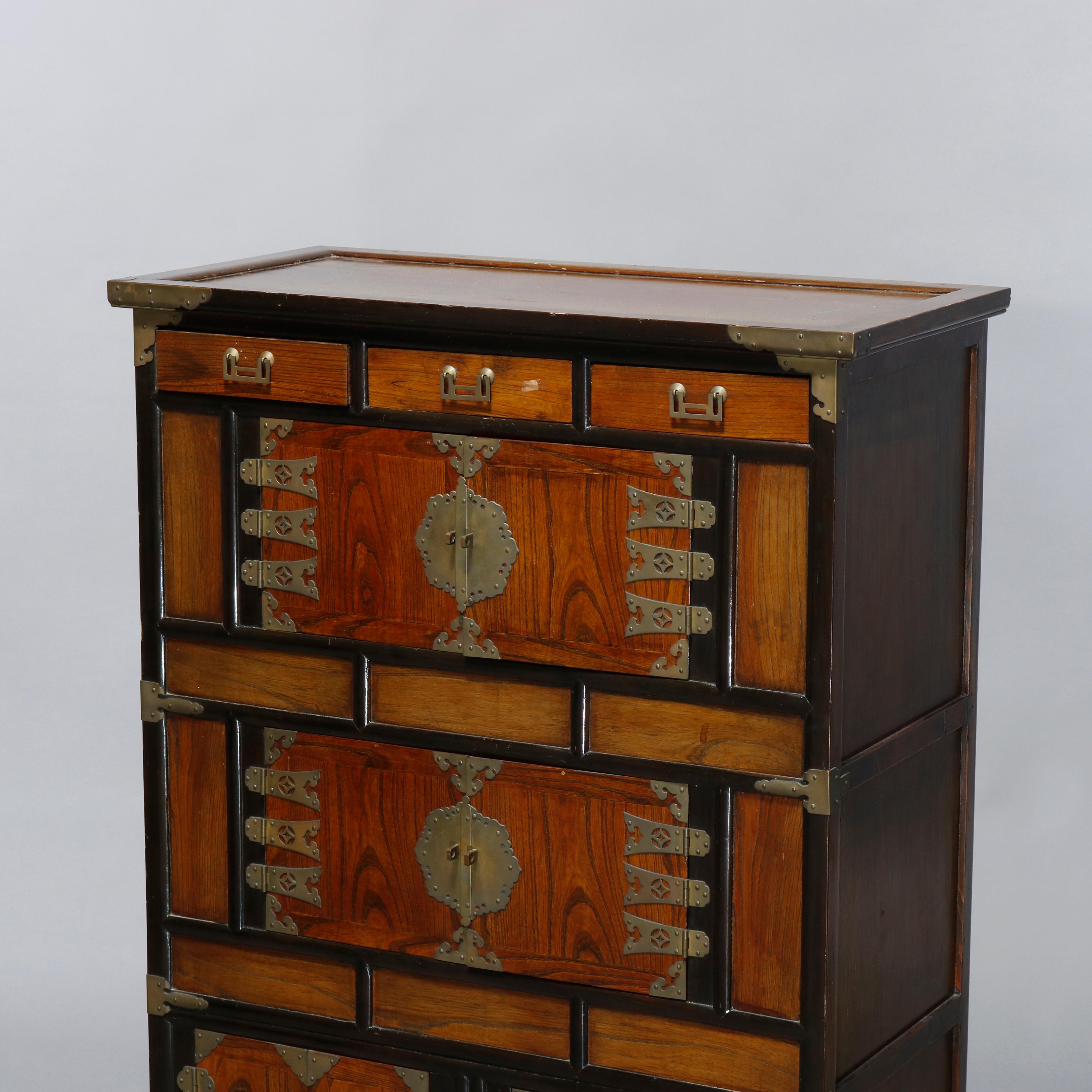 Chinese Antique Asian Mixed Wood & Brass Cabinet, 20th Century