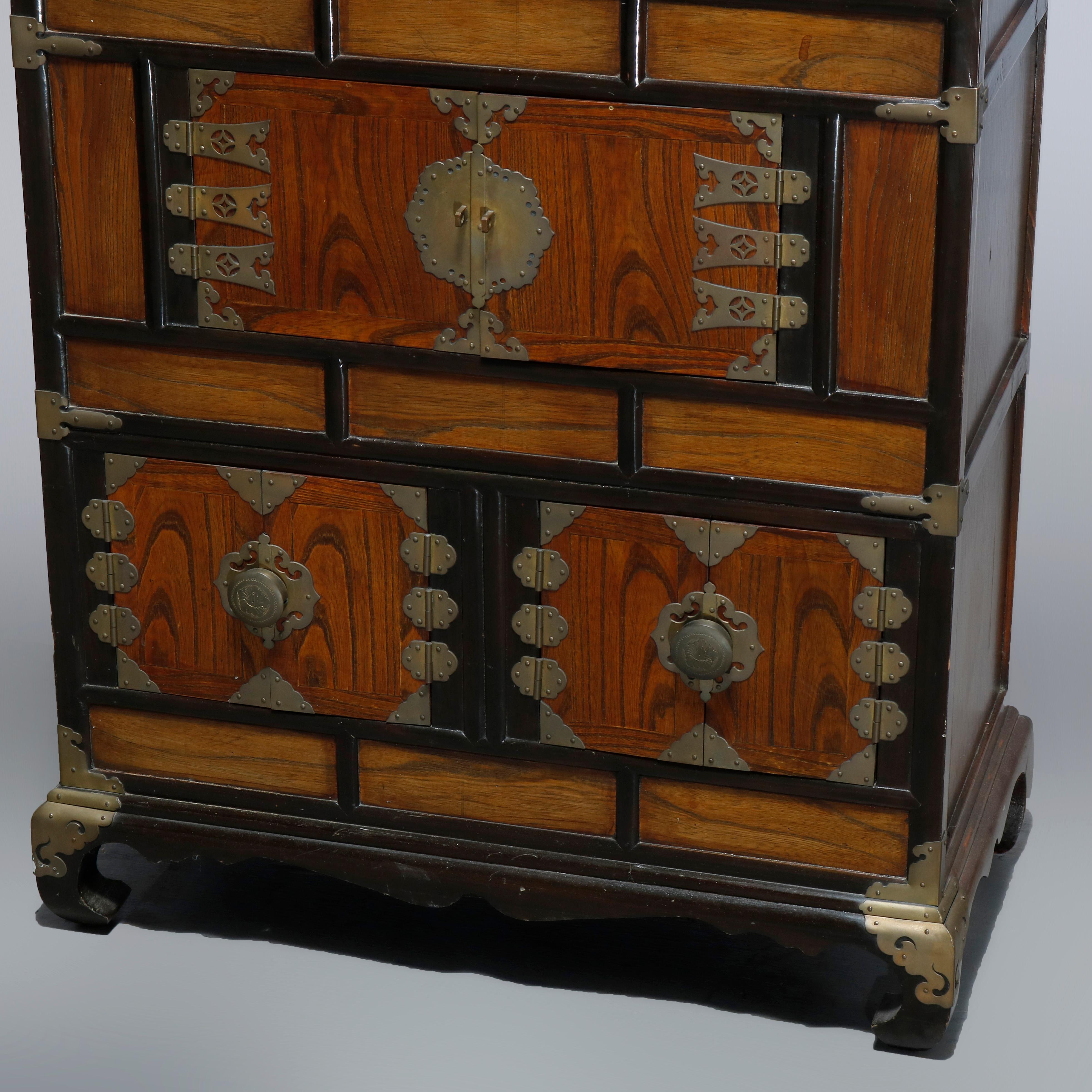 Carved Antique Asian Mixed Wood & Brass Cabinet, 20th Century