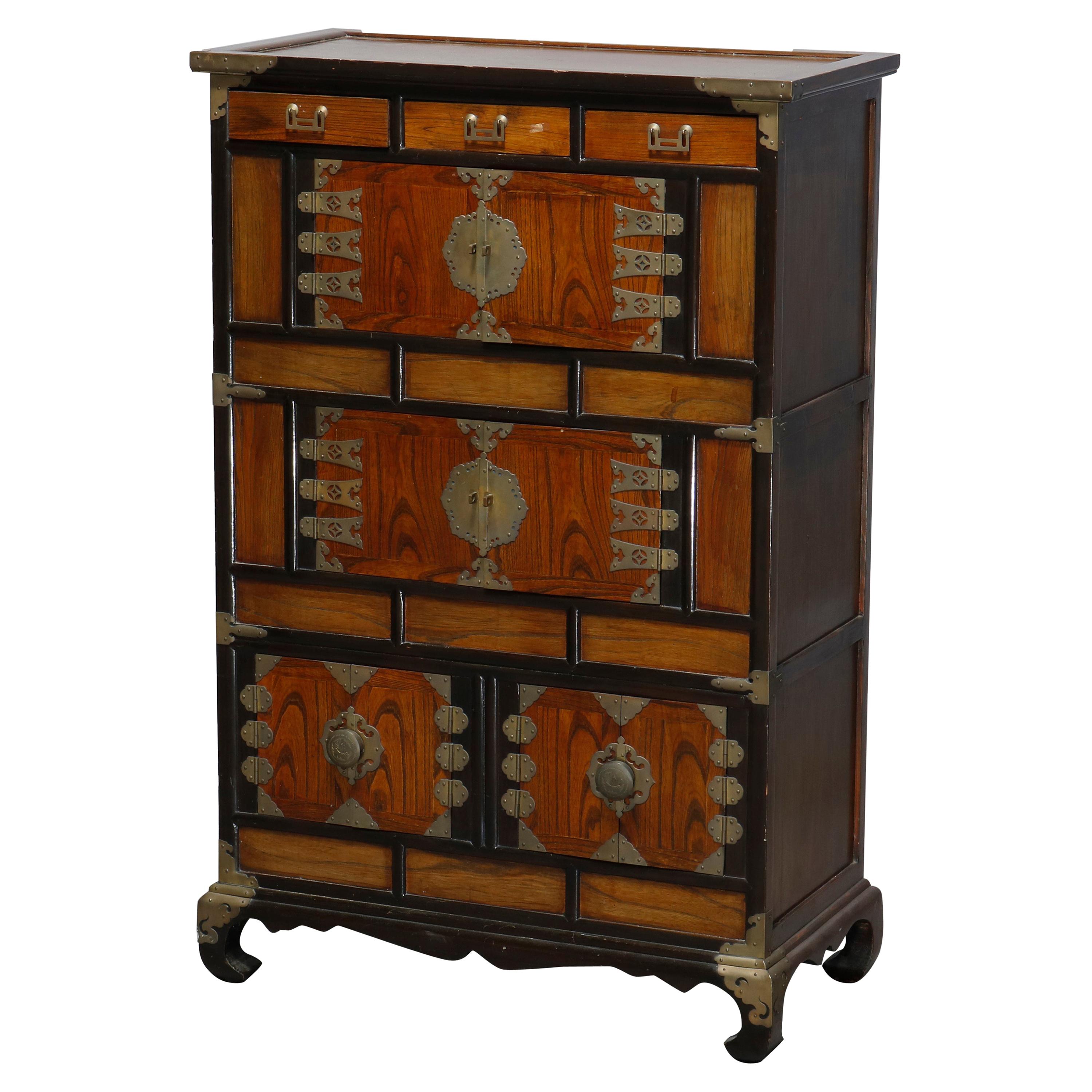 Antique Asian Mixed Wood & Brass Cabinet, 20th Century