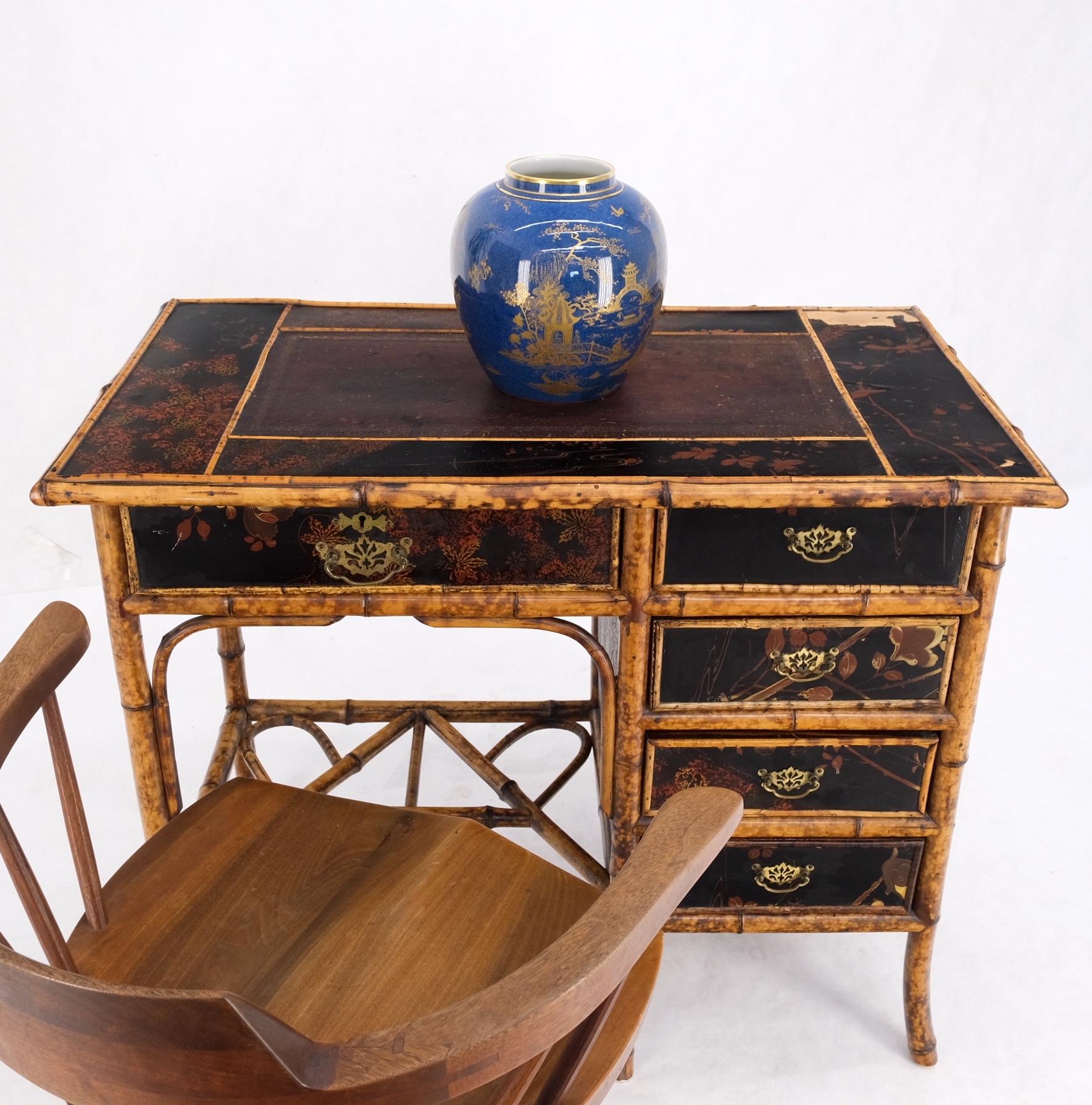 Antique Asian Oriental japaneese Burned Bamboo Hand Painted Decorated Desk Table For Sale 7