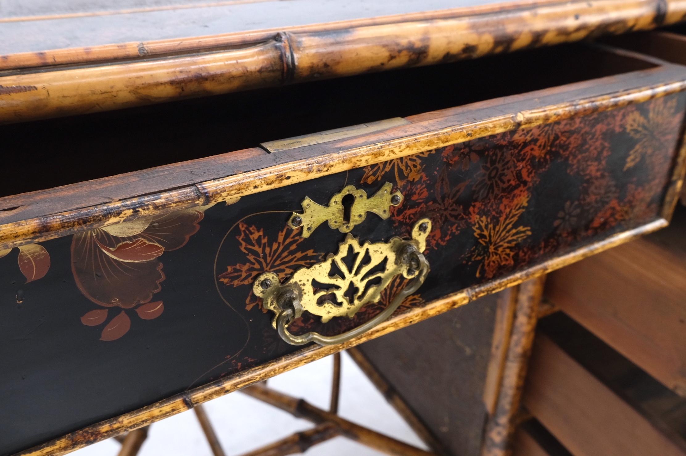 Japanese Antique Asian Oriental japaneese Burned Bamboo Hand Painted Decorated Desk Table For Sale