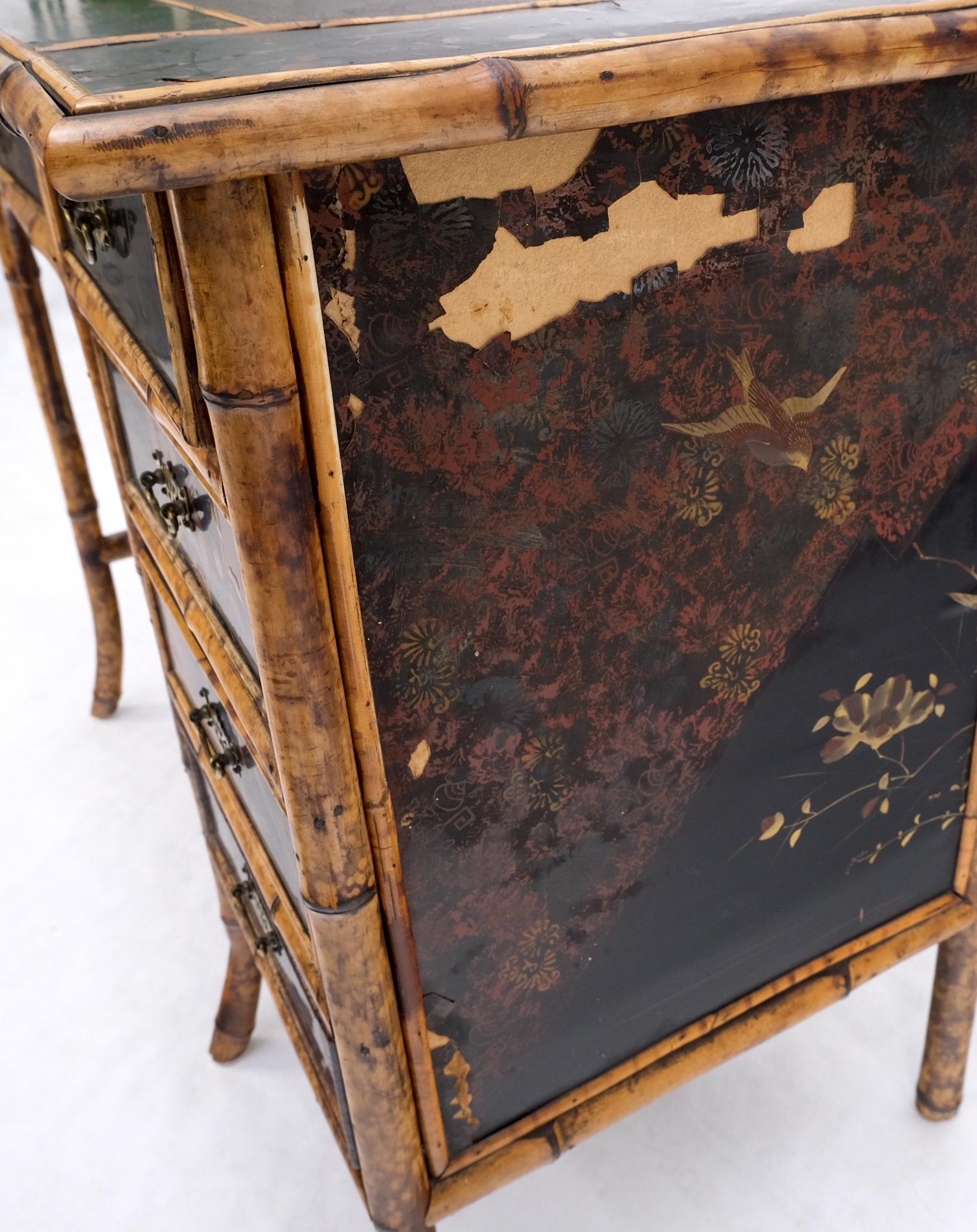 20th Century Antique Asian Oriental japaneese Burned Bamboo Hand Painted Decorated Desk Table For Sale