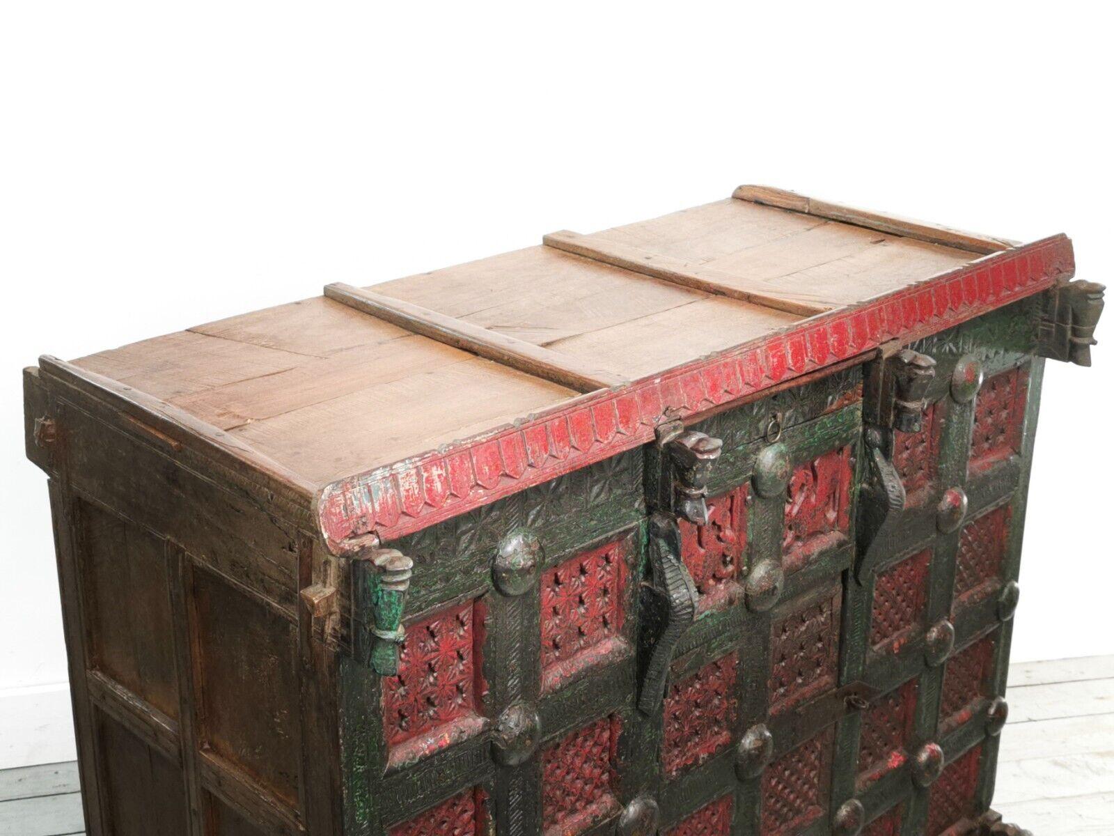 Indian Antique Asian Ornate Craved Wood Damchiya Dowry Box For Sale