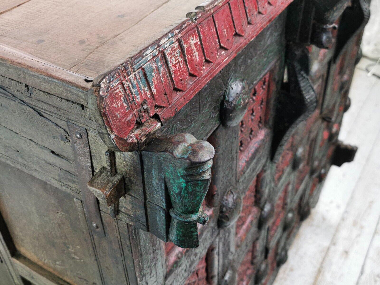 Hardwood Antique Asian Ornate Craved Wood Damchiya Dowry Box For Sale