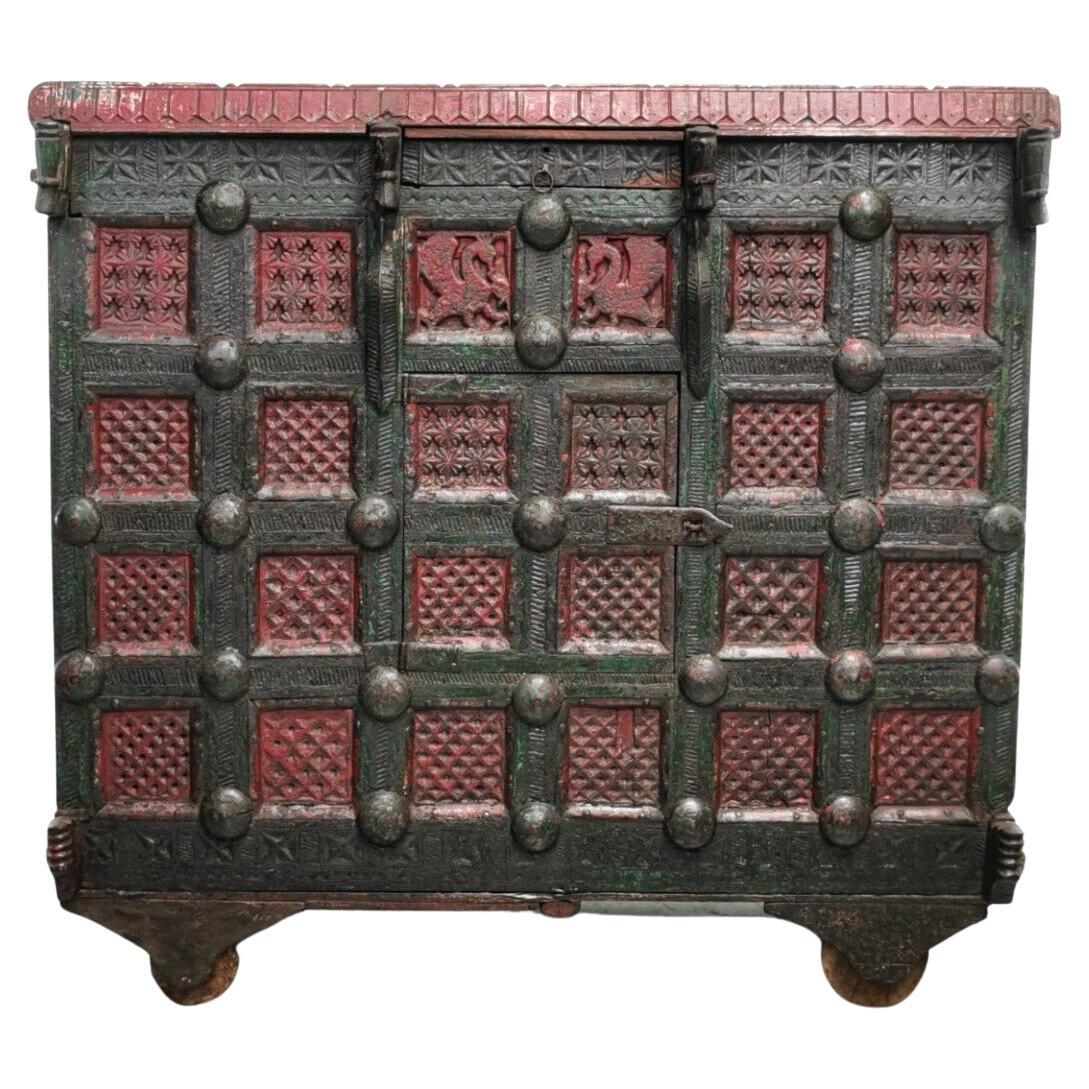 Antique Asian Ornate Craved Wood Damchiya Dowry Box For Sale