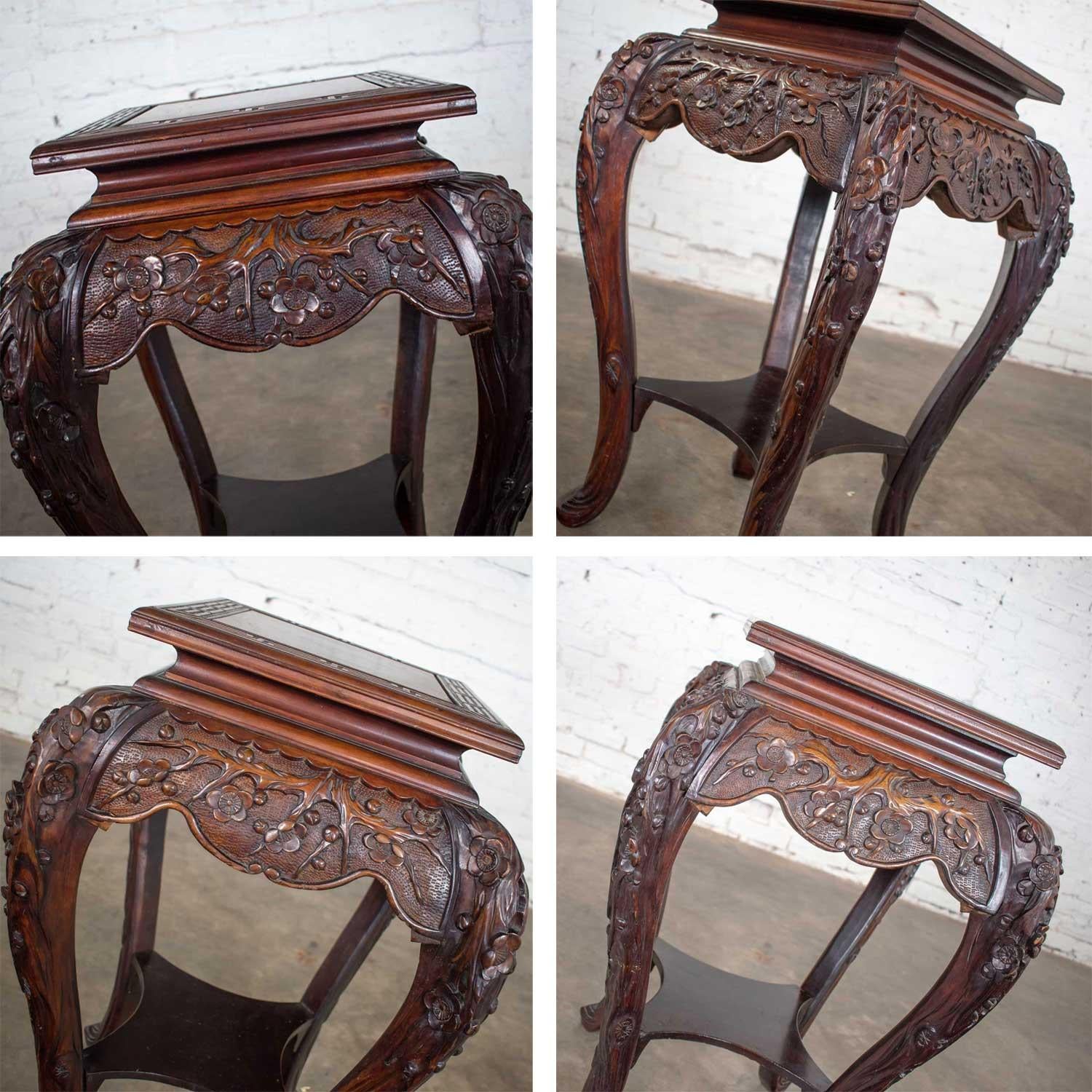 Antique Asian Pedestal Table Rosewood Color Hand Carved Cherry Blossoms 1