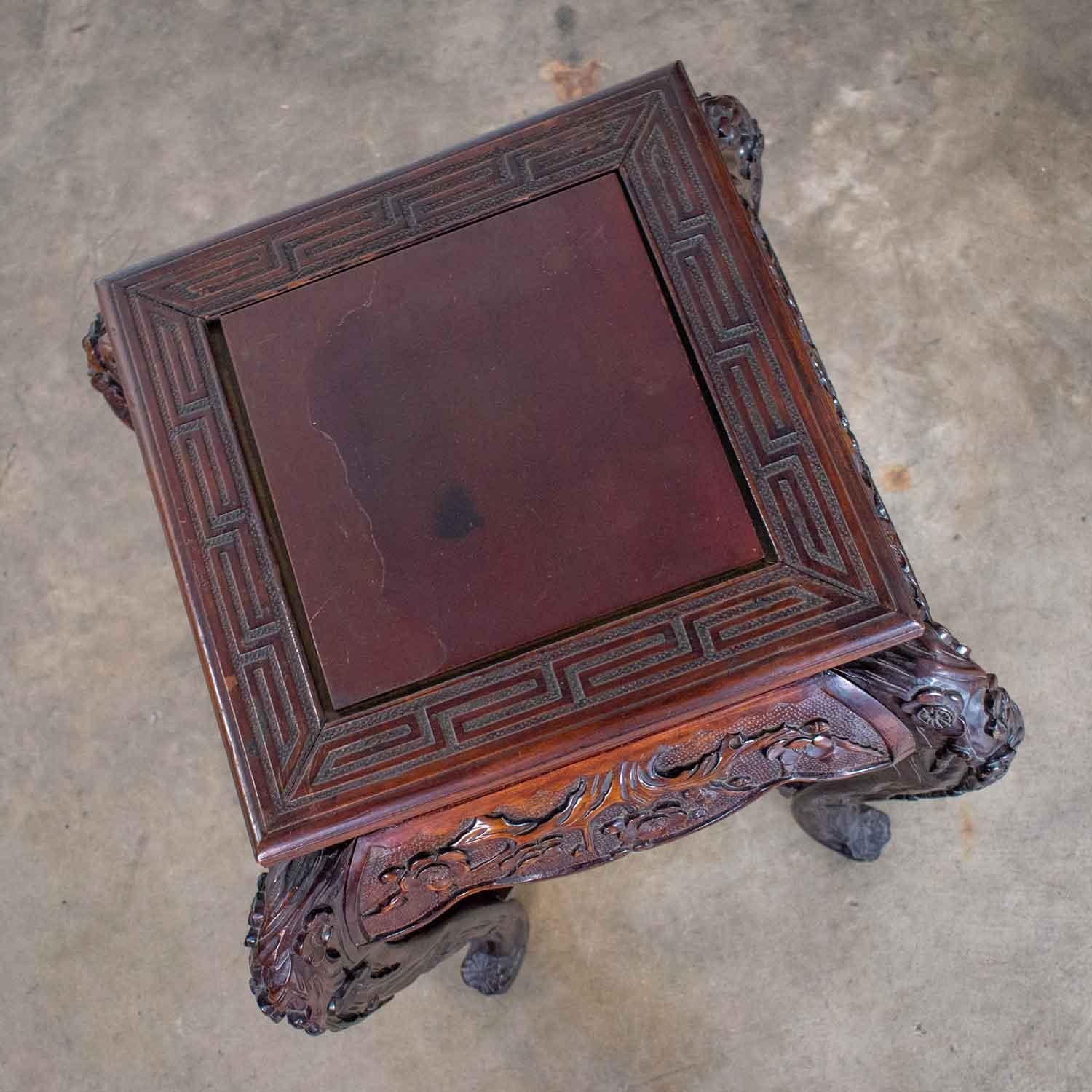 Chinoiserie Antique Asian Pedestal Table Rosewood Color Hand Carved Cherry Blossoms