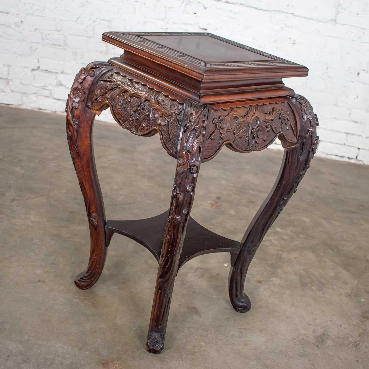 Chinese Antique Asian Pedestal Table Rosewood Color Hand Carved Cherry Blossoms