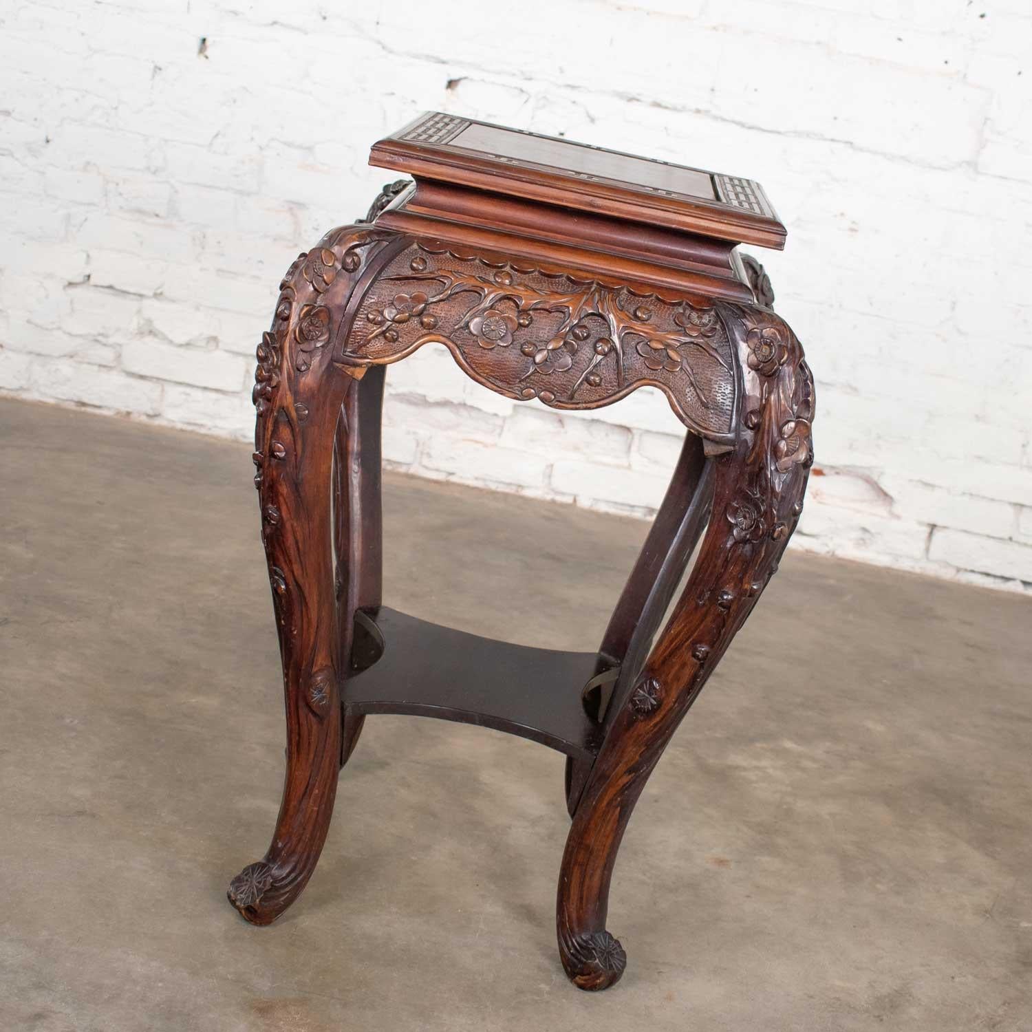 Hand-Carved Antique Asian Pedestal Table Rosewood Color Hand Carved Cherry Blossoms