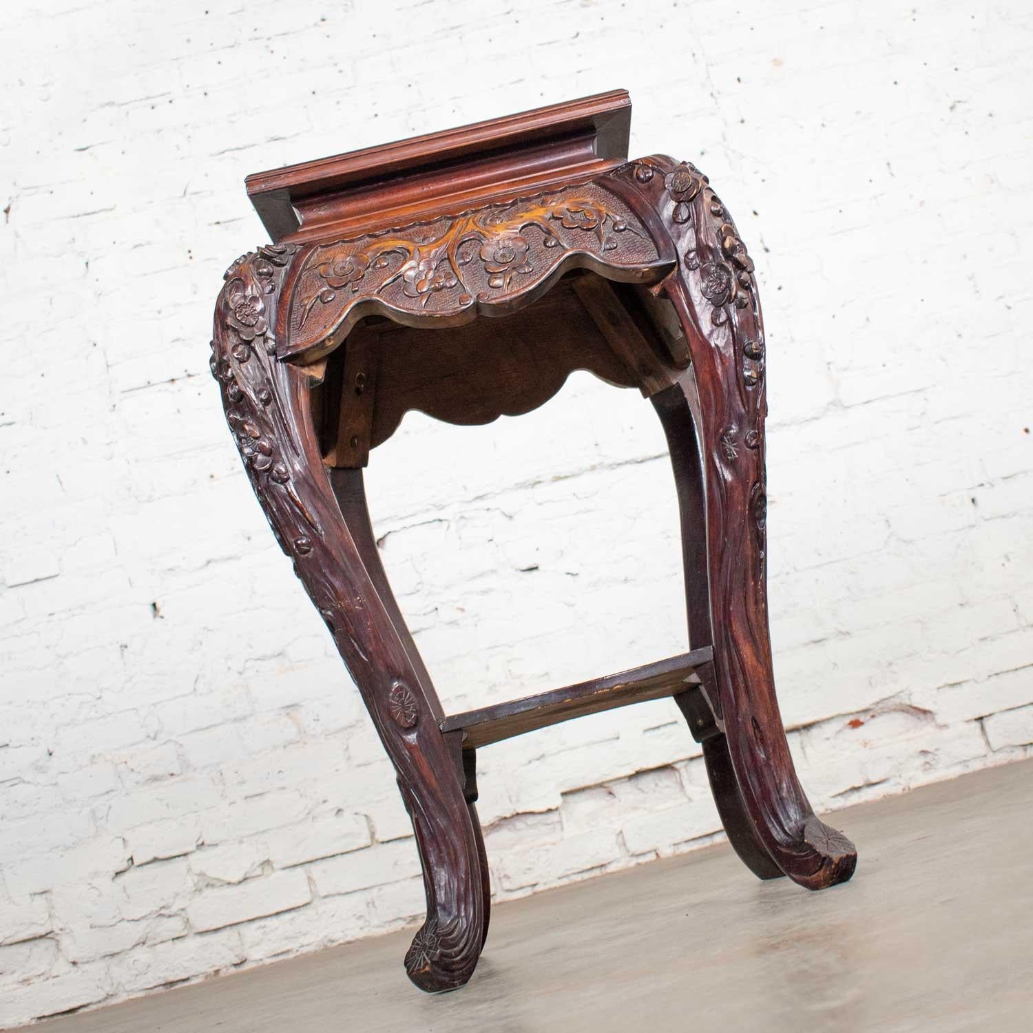 Antique Asian Pedestal Table Rosewood Color Hand Carved Cherry Blossoms In Good Condition In Topeka, KS