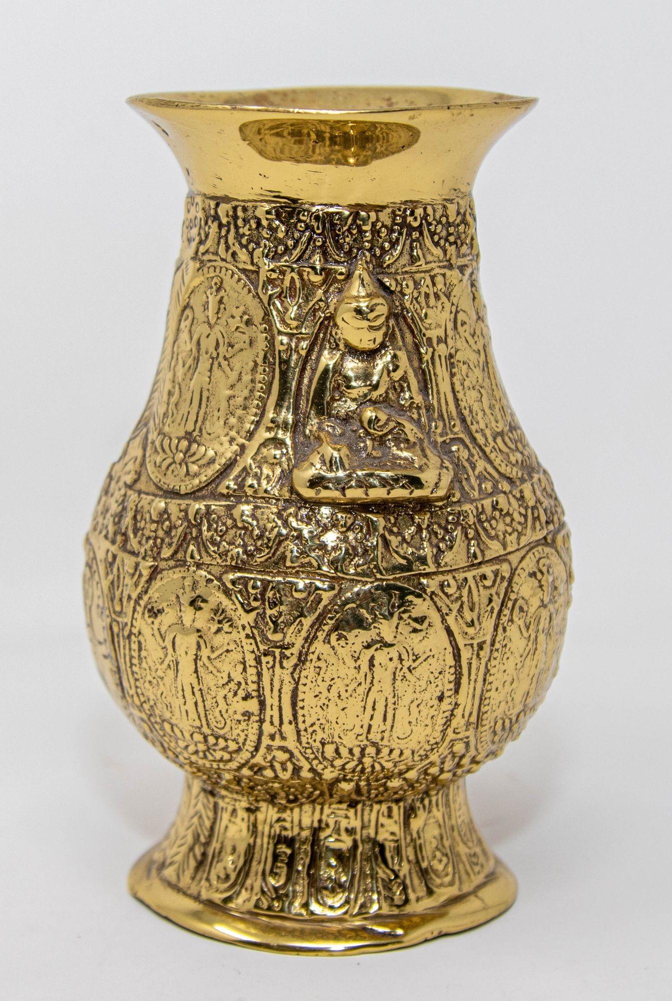 Folk Art Antique Asian Polished Gold Brass Ashta Lakshmi Hindu Pot India For Sale