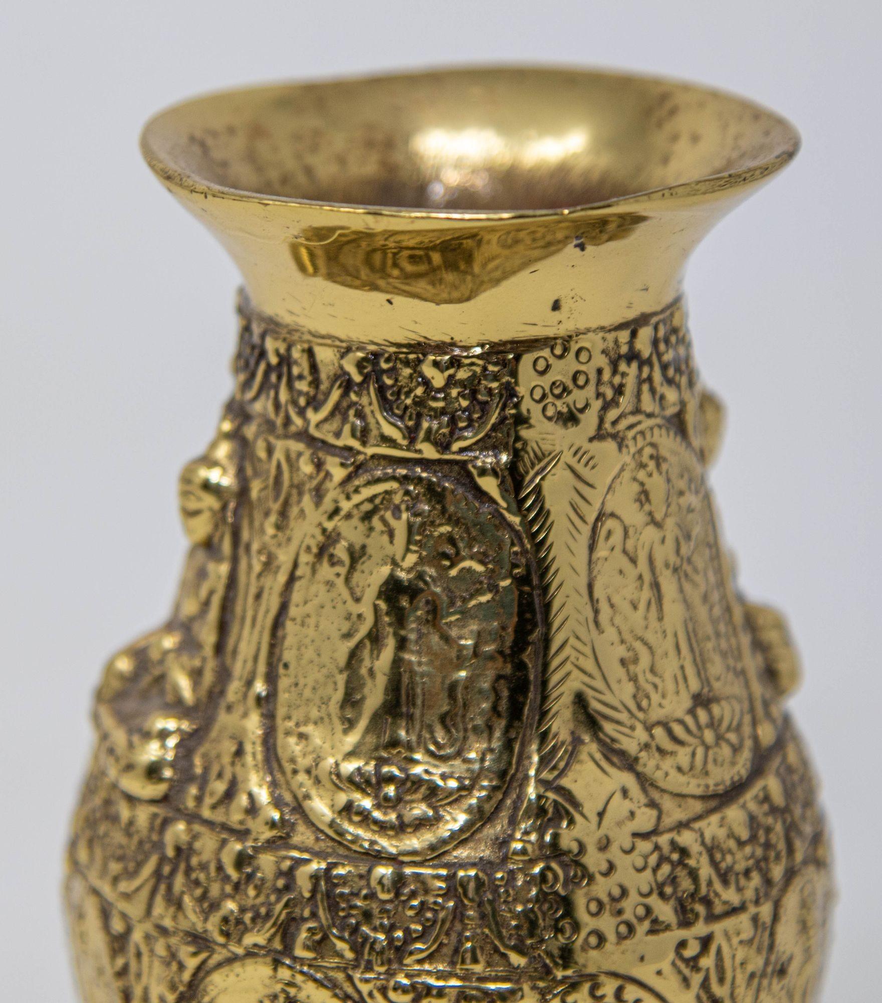Embossed Antique Asian Polished Gold Brass Ashta Lakshmi Hindu Pot India For Sale