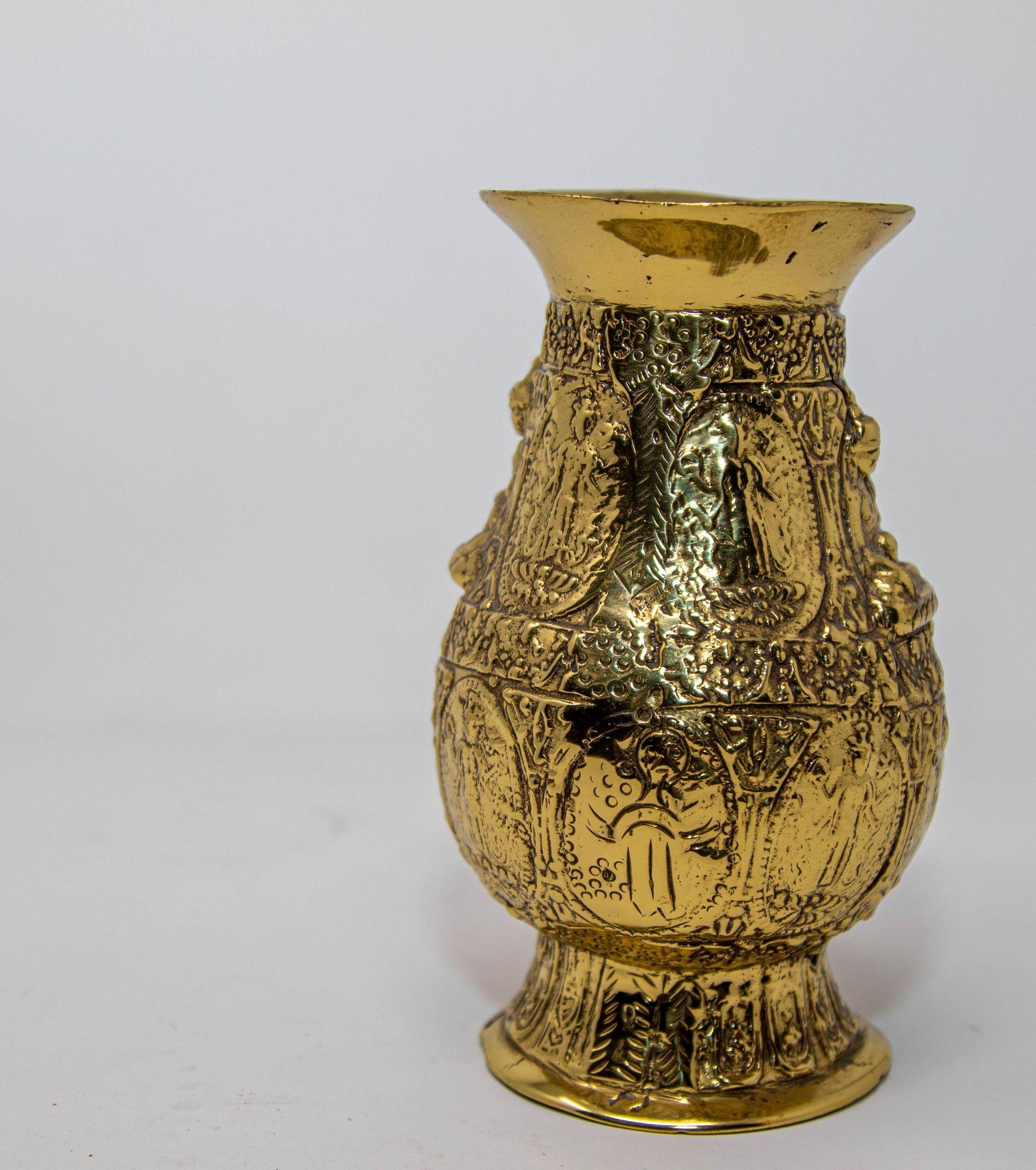 Antique Asian Polished Gold Brass Ashta Lakshmi Hindu Pot India For Sale 1