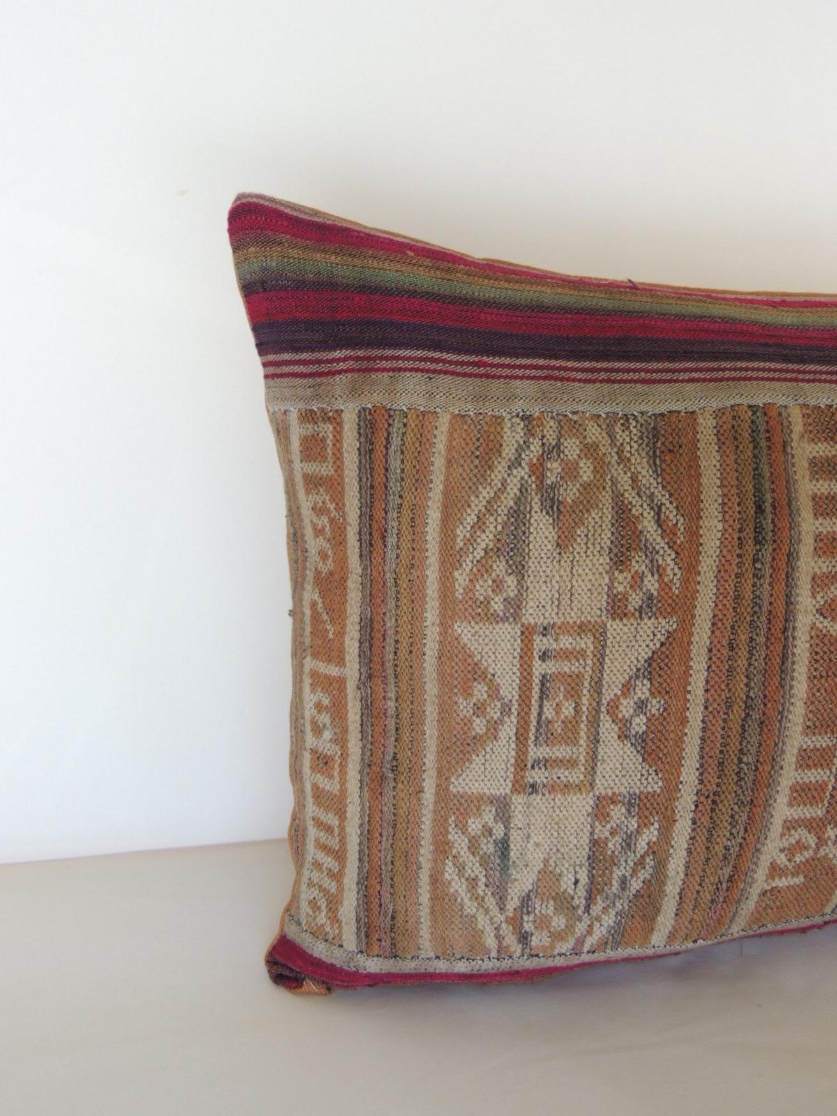 Laotian Antique Asian Red and Green Woven Stripes Decorative Lumbar Pillow