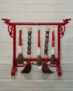 Antique Asian Red Coral and Purple Stone Calligraphy Brush Set with Stand