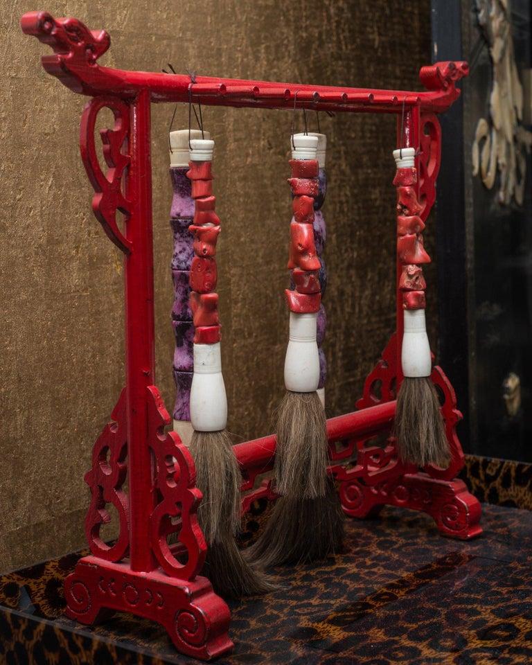 Chinese Antique Asian Red Coral and Purple Stone Calligraphy Brush Set with Stand For Sale