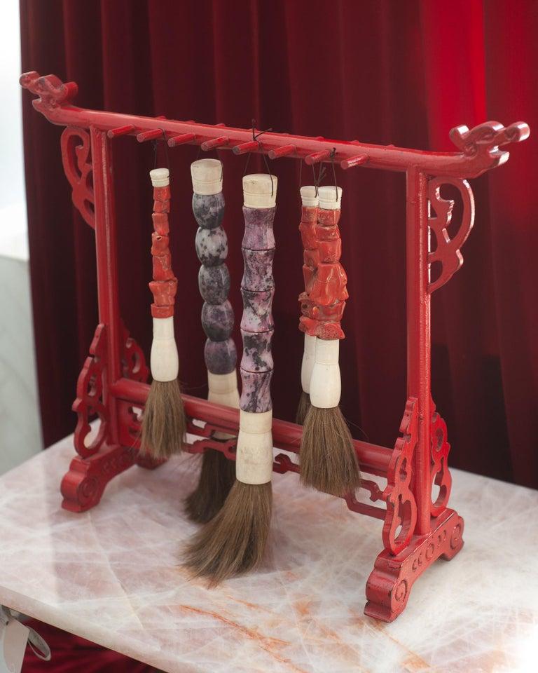 Lacquered Antique Asian Red Coral and Purple Stone Calligraphy Brush Set with Stand For Sale