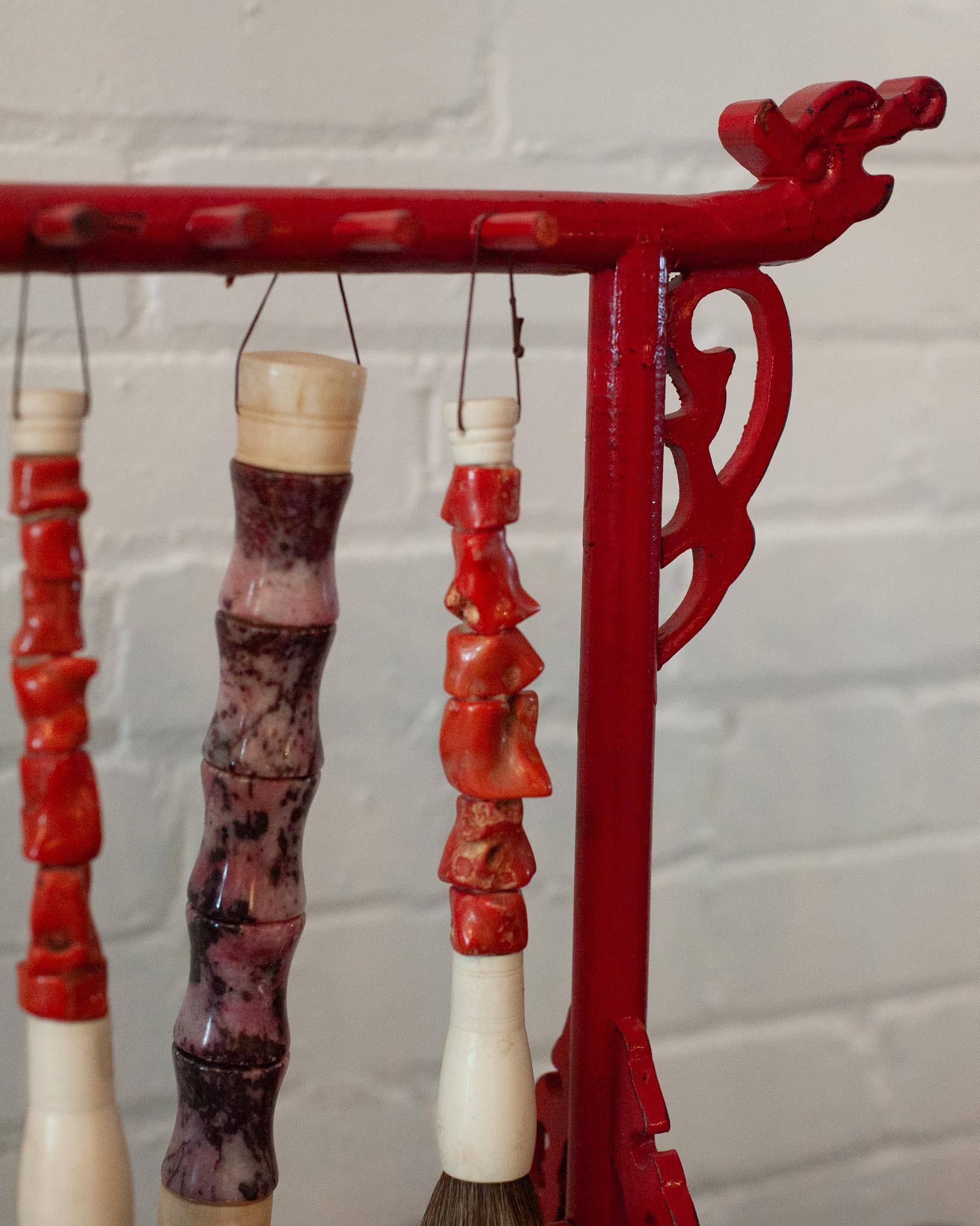 Antique Asian Red Coral and Purple Stone Calligraphy Brush Set with Stand In Good Condition For Sale In Toronto, ON