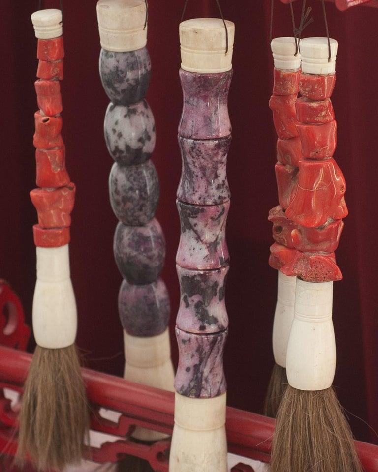 19th Century Antique Asian Red Coral and Purple Stone Calligraphy Brush Set with Stand For Sale